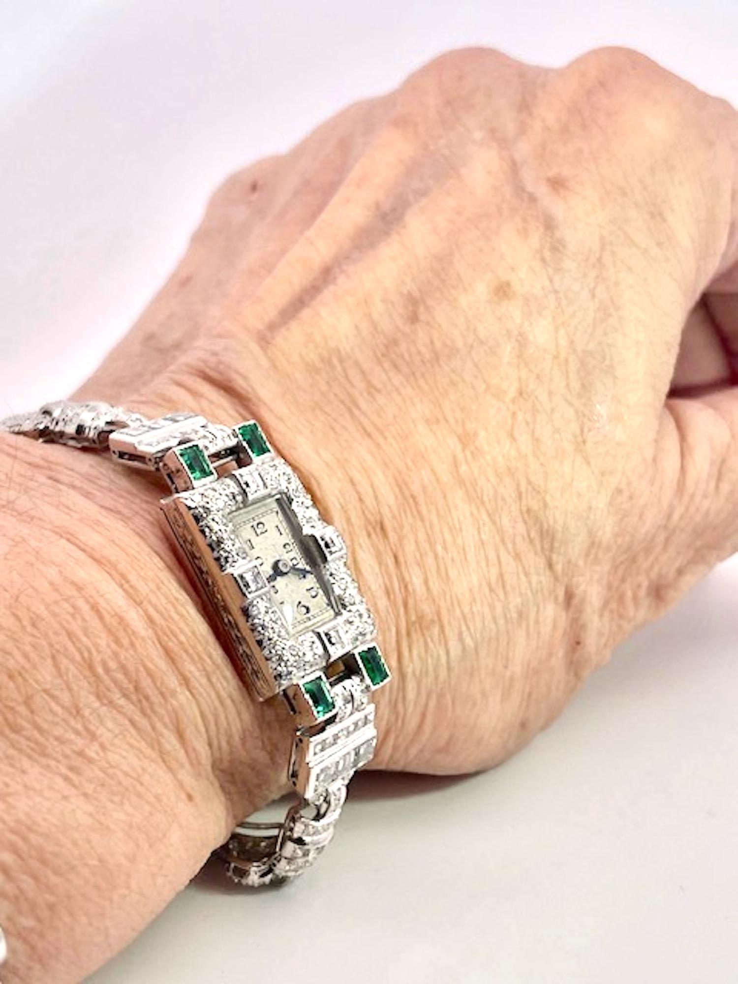 Deco Diamond Emerald Ladies Wristwatch For Sale 3