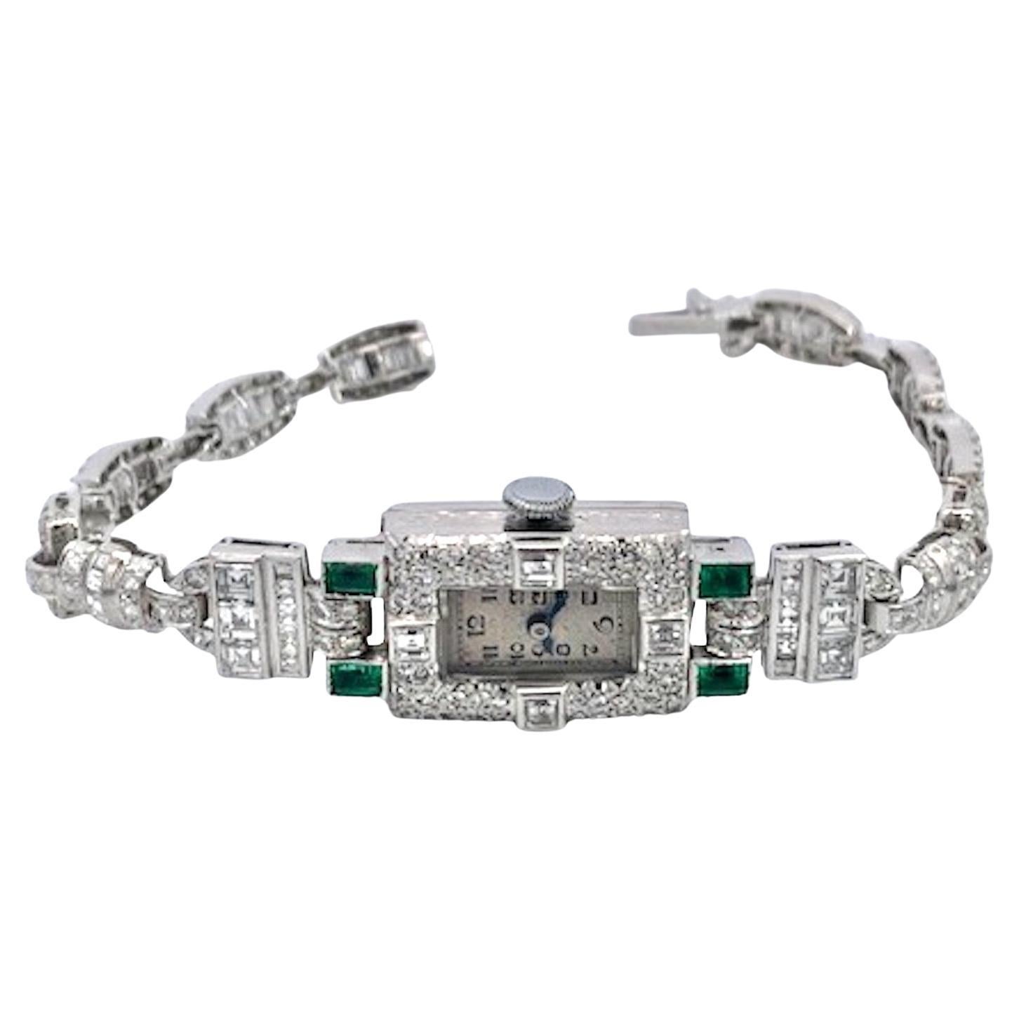 Deco Diamond Emerald Ladies Wristwatch For Sale