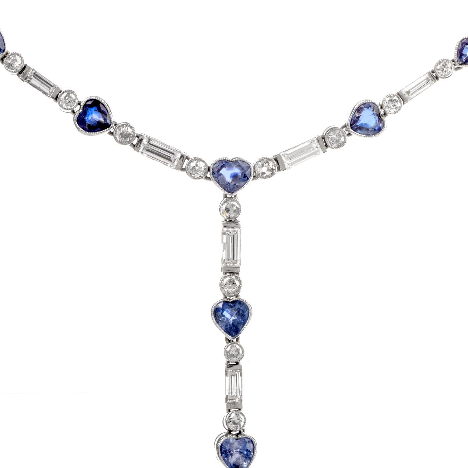 Art Deco Deco Diamond Heart sapphire Platinum Y Necklace