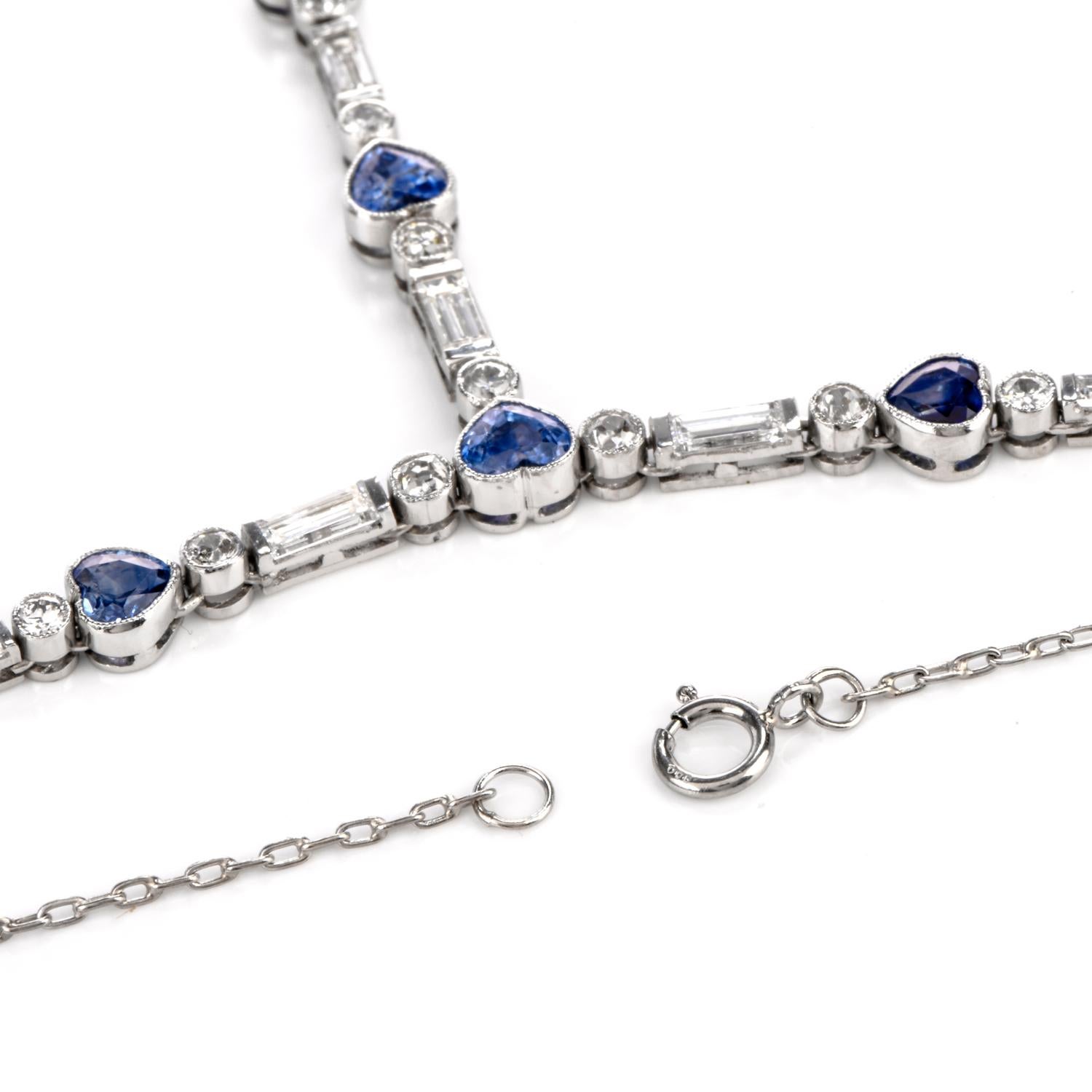 Deco Diamond Heart sapphire Platinum Y Necklace In Excellent Condition In Miami, FL