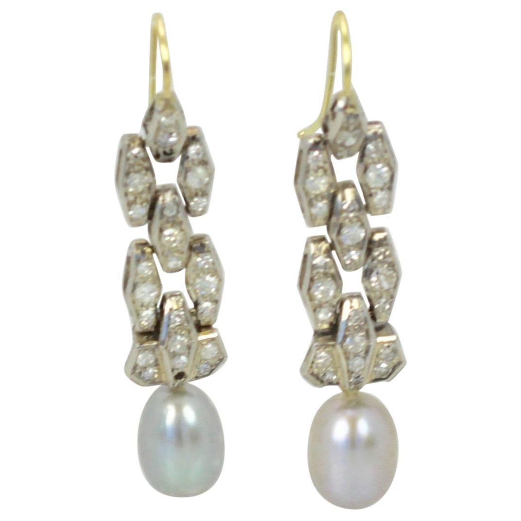 Deco Diamond Pearl Drop Earrings Platinum and 14 Karat Gold For Sale