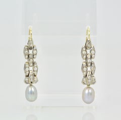 Deco Diamond Pearl Drop Earrings Platinum and 14 Karat Gold