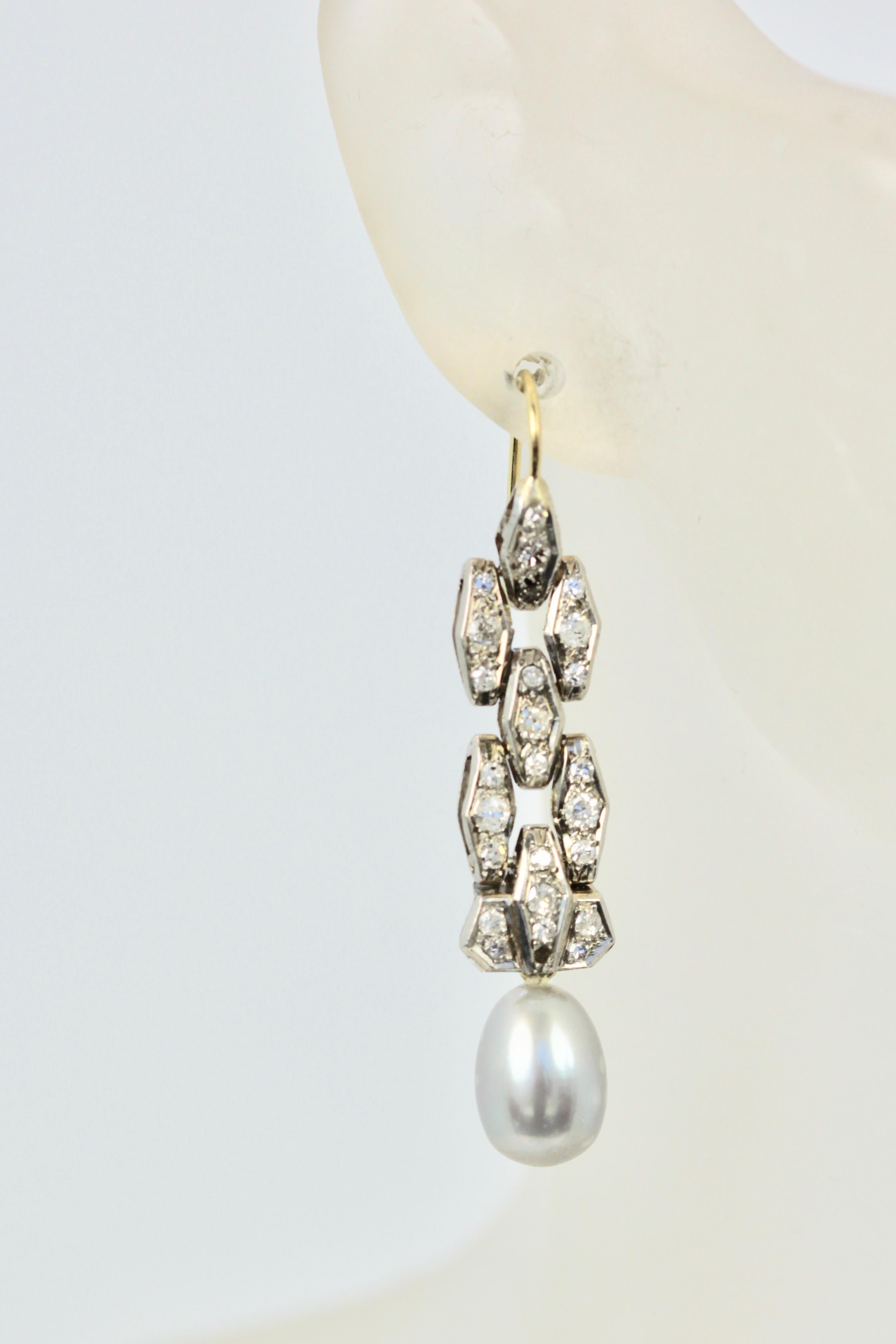 Art Deco Deco Diamond Pearl Drop Earrings Platinum and 14 Karat Gold