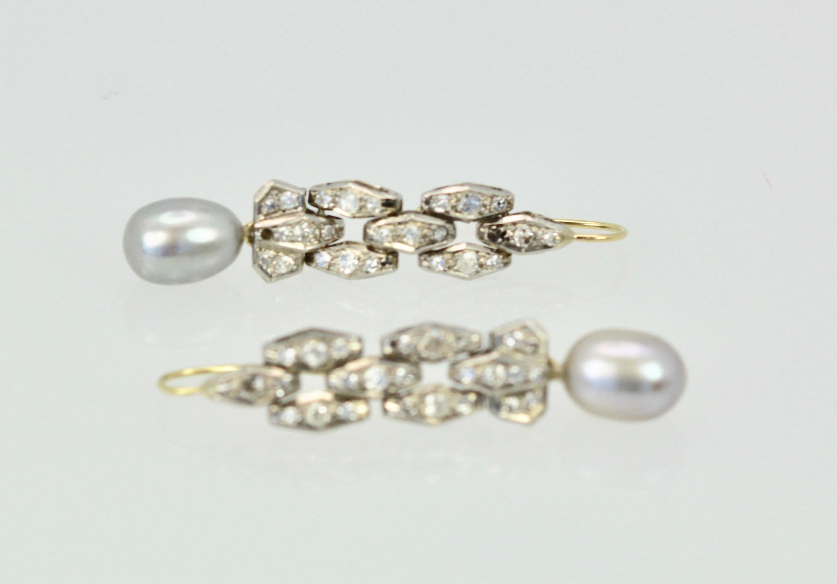 Round Cut Deco Diamond Pearl Drop Earrings Platinum and 14 Karat Gold For Sale