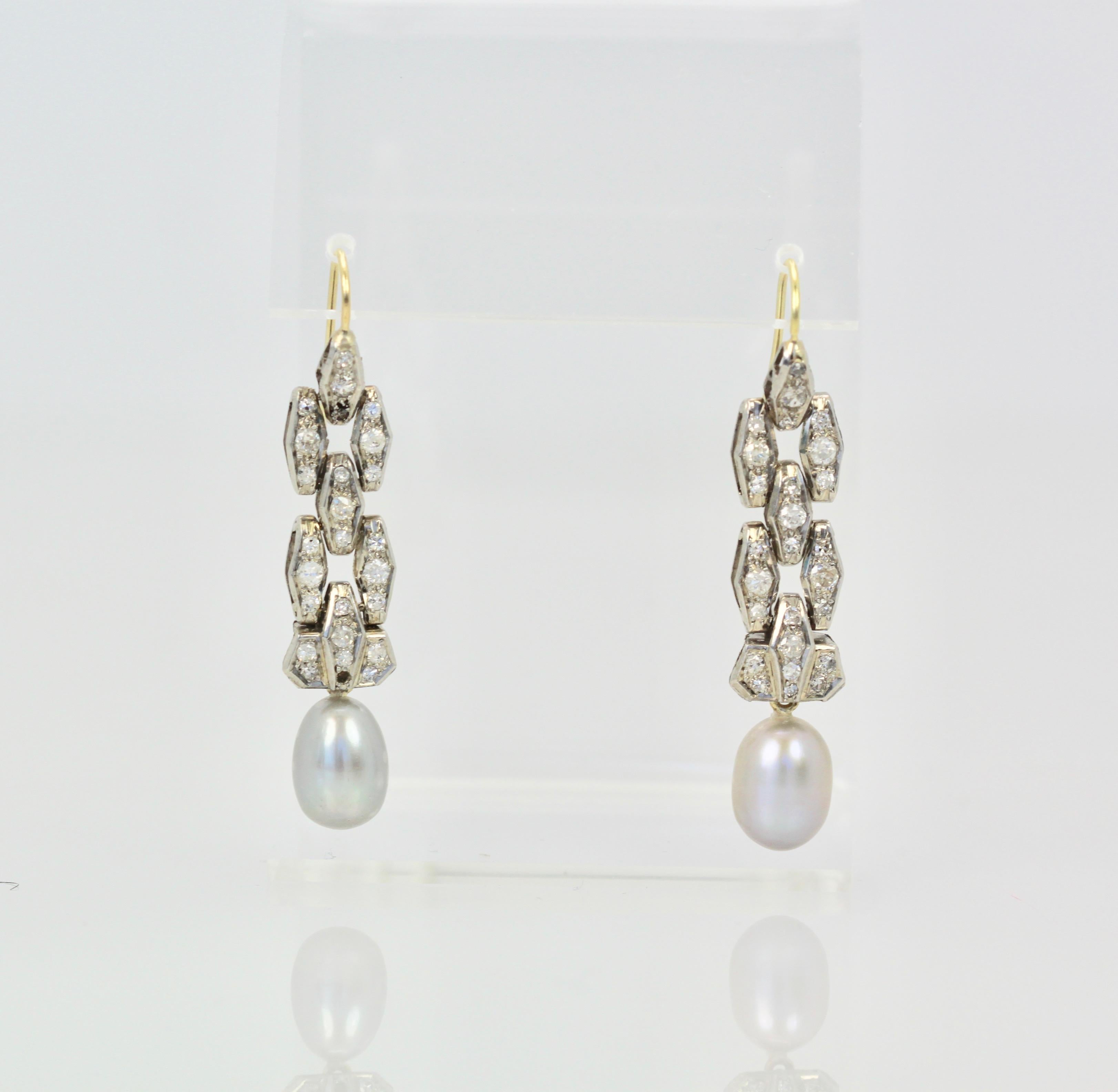 Women's Deco Diamond Pearl Drop Earrings Platinum and 14 Karat Gold For Sale