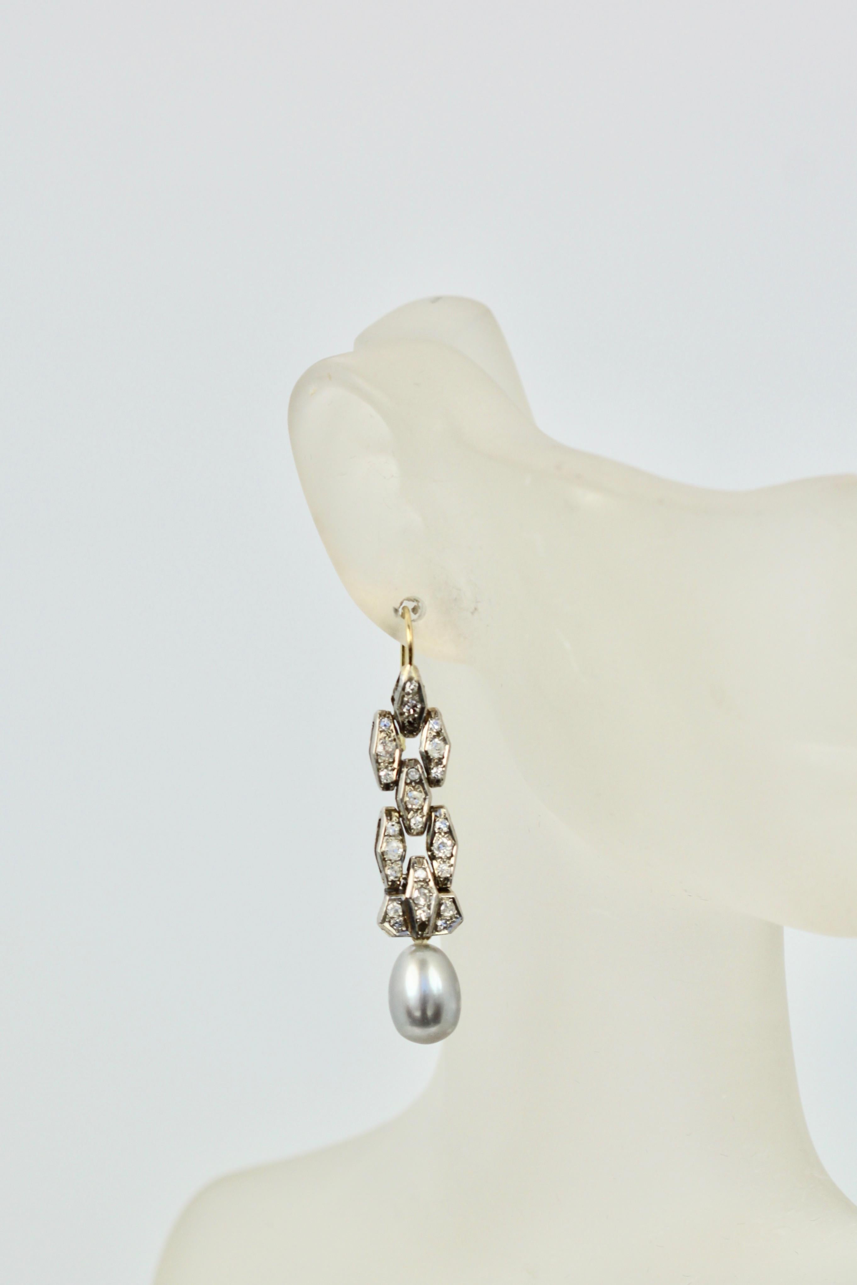 Art Deco Diamant-Perlen-Tropfen-Ohrringe aus Platin und 14 Karat Gold 1