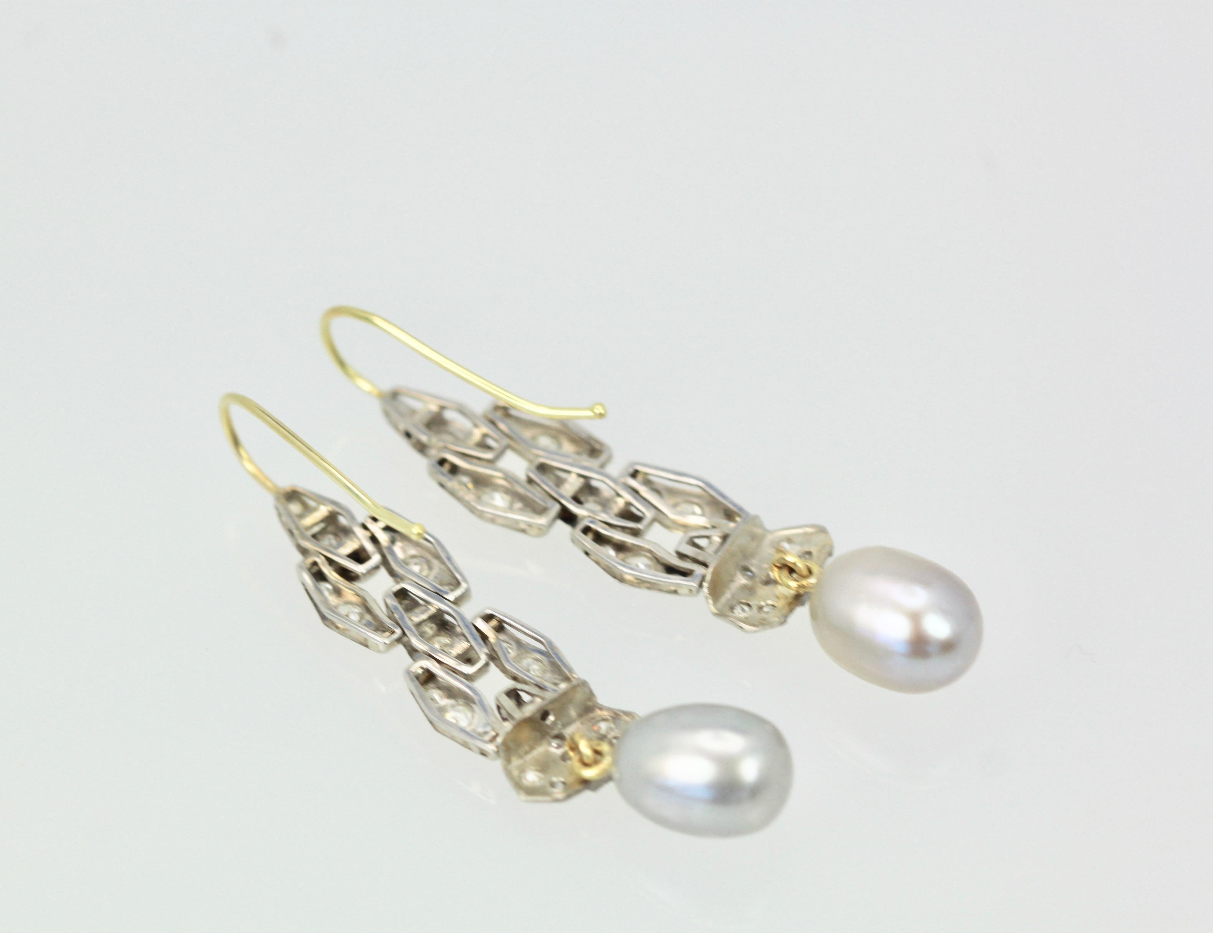 Art Deco Diamant-Perlen-Tropfen-Ohrringe aus Platin und 14 Karat Gold 3
