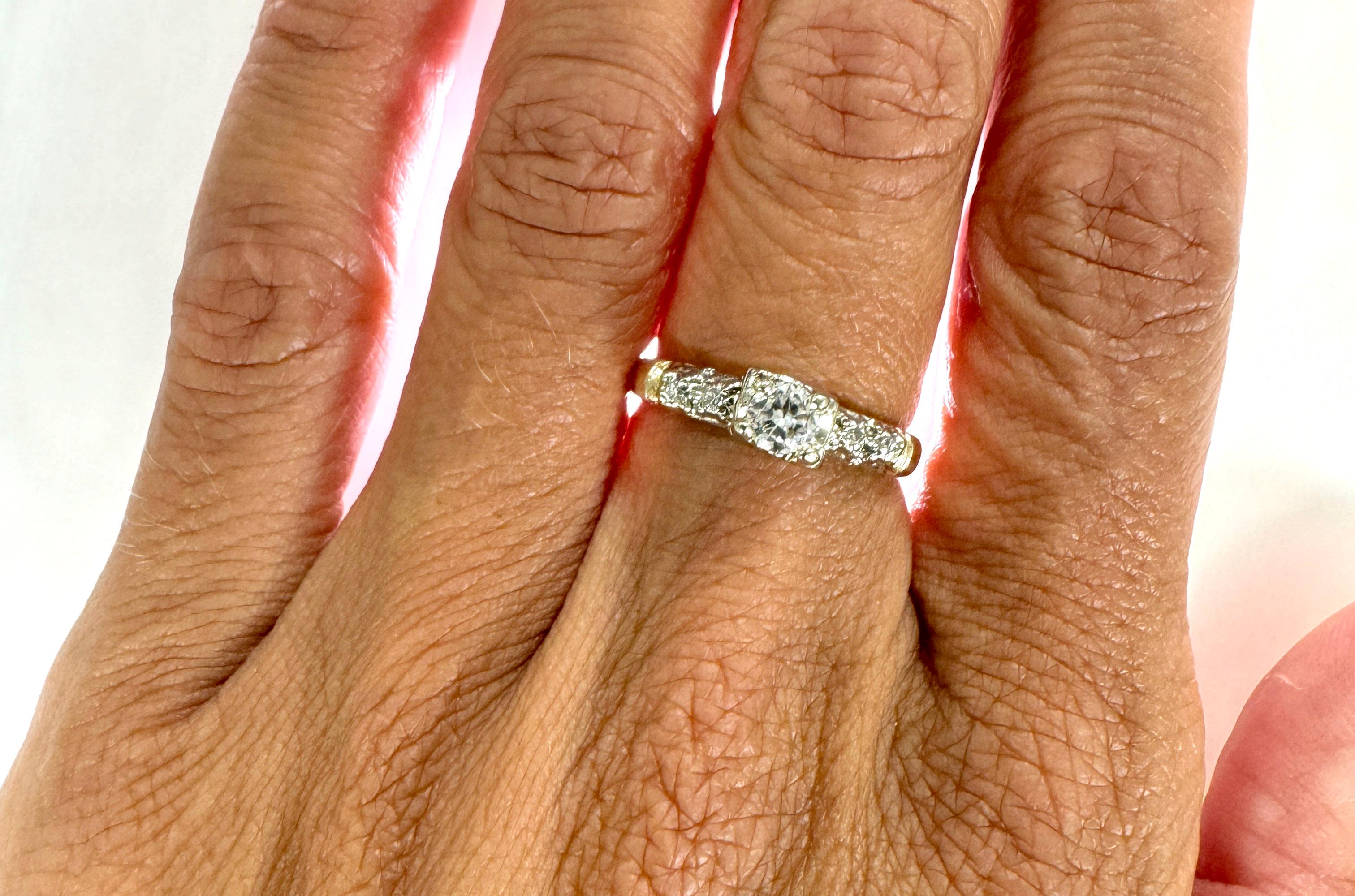 Deco Diamond Ring Mined 1/3ct Transitional Original 1930s-1940's 14K Yellow Gold In Excellent Condition For Sale In Dearborn, MI