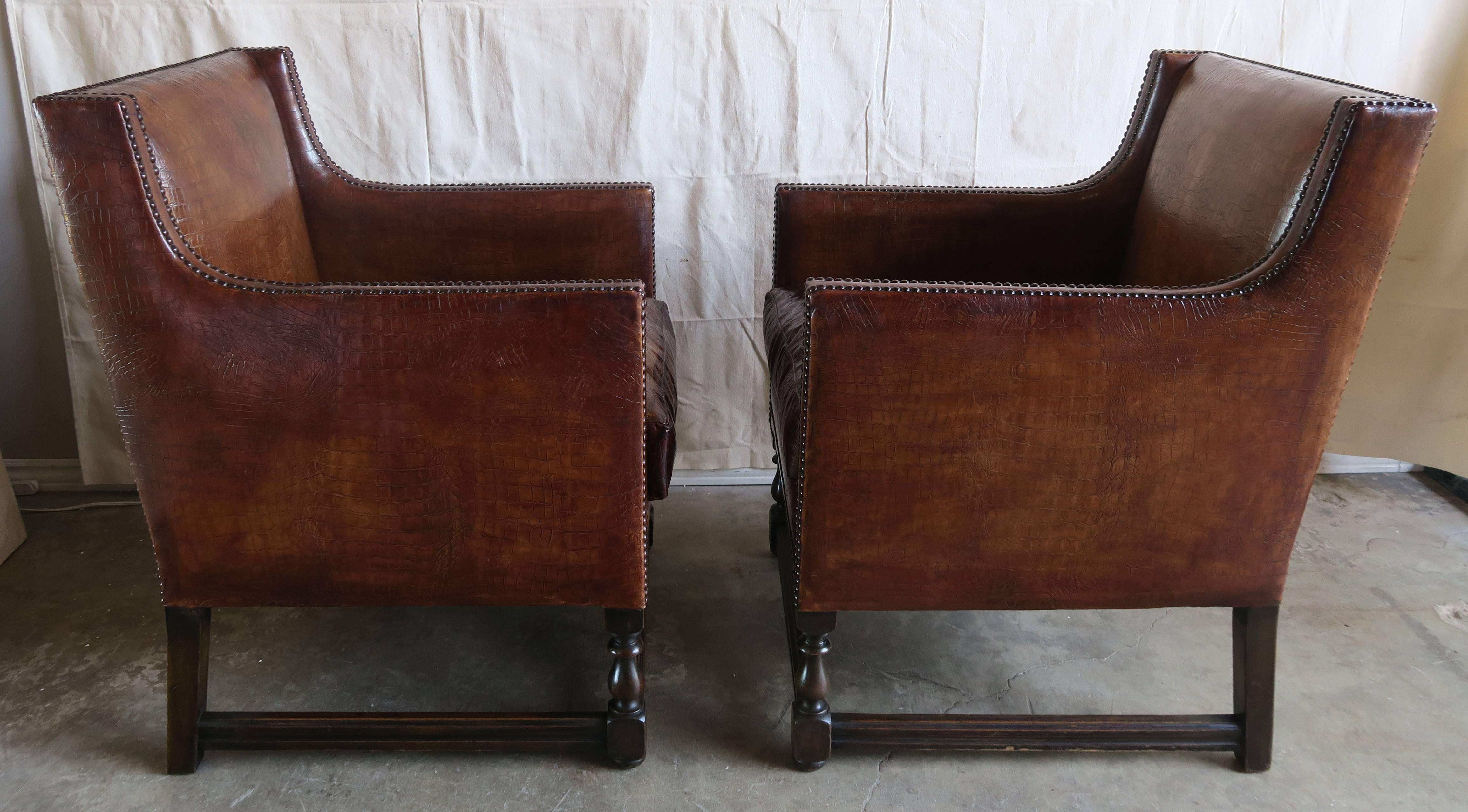 Art Deco Deco Embossed Faux Crocodile Leather Chairs, Pair