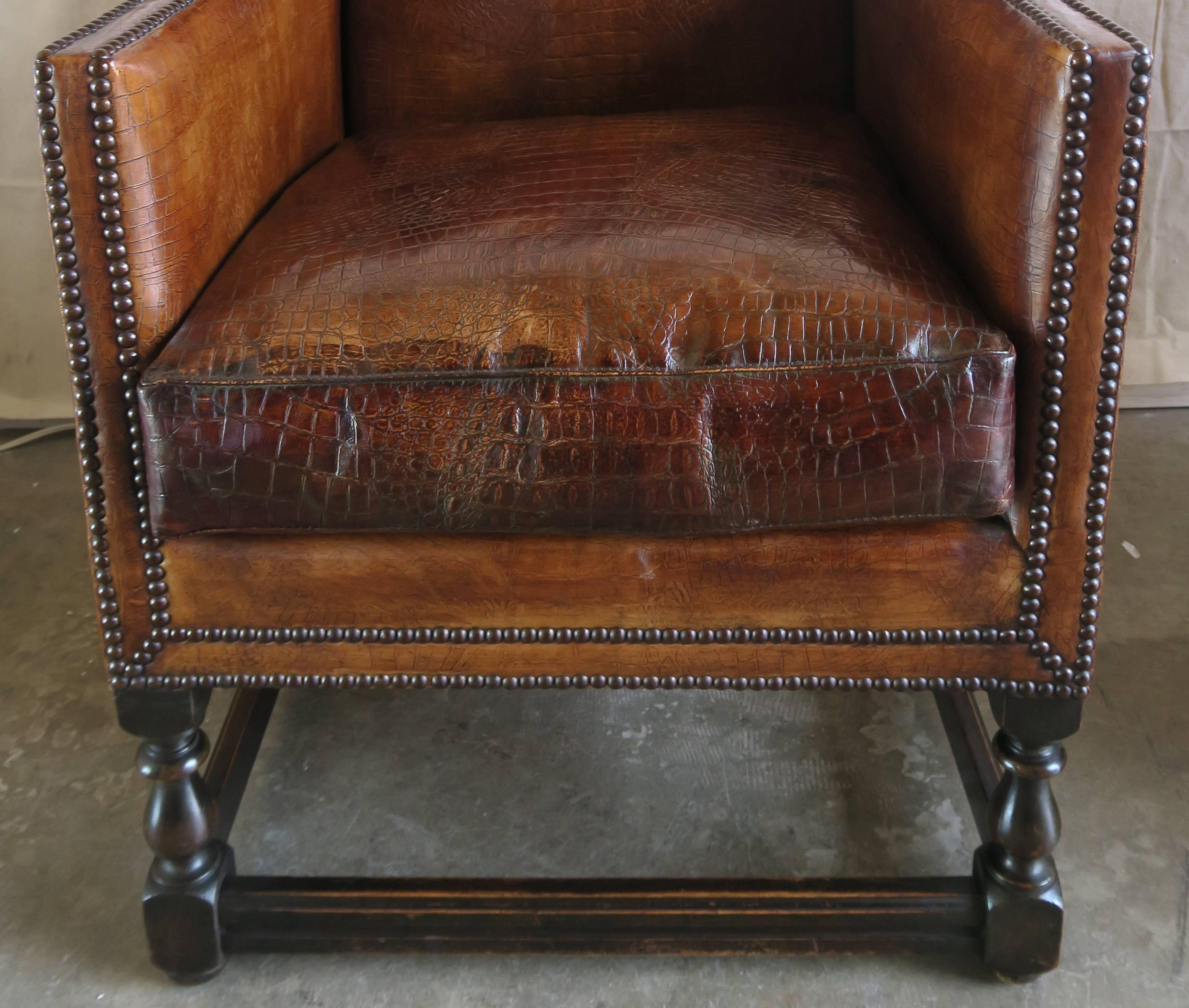 Deco Embossed Faux Crocodile Leather Chairs, Pair In Excellent Condition In Los Angeles, CA