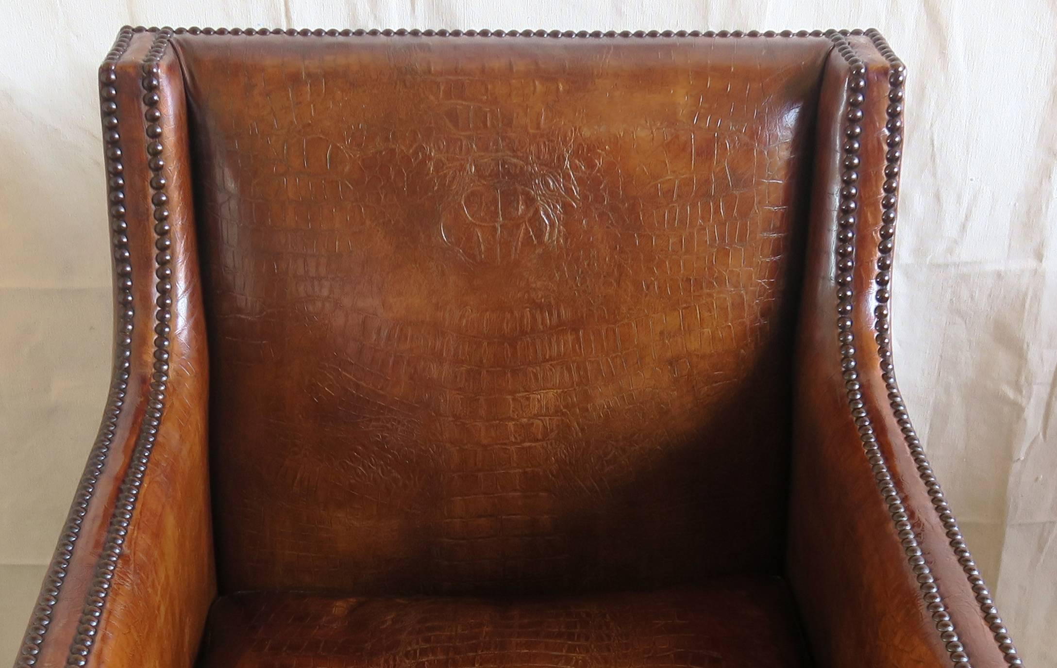 Mid-20th Century Deco Embossed Faux Crocodile Leather Chairs, Pair