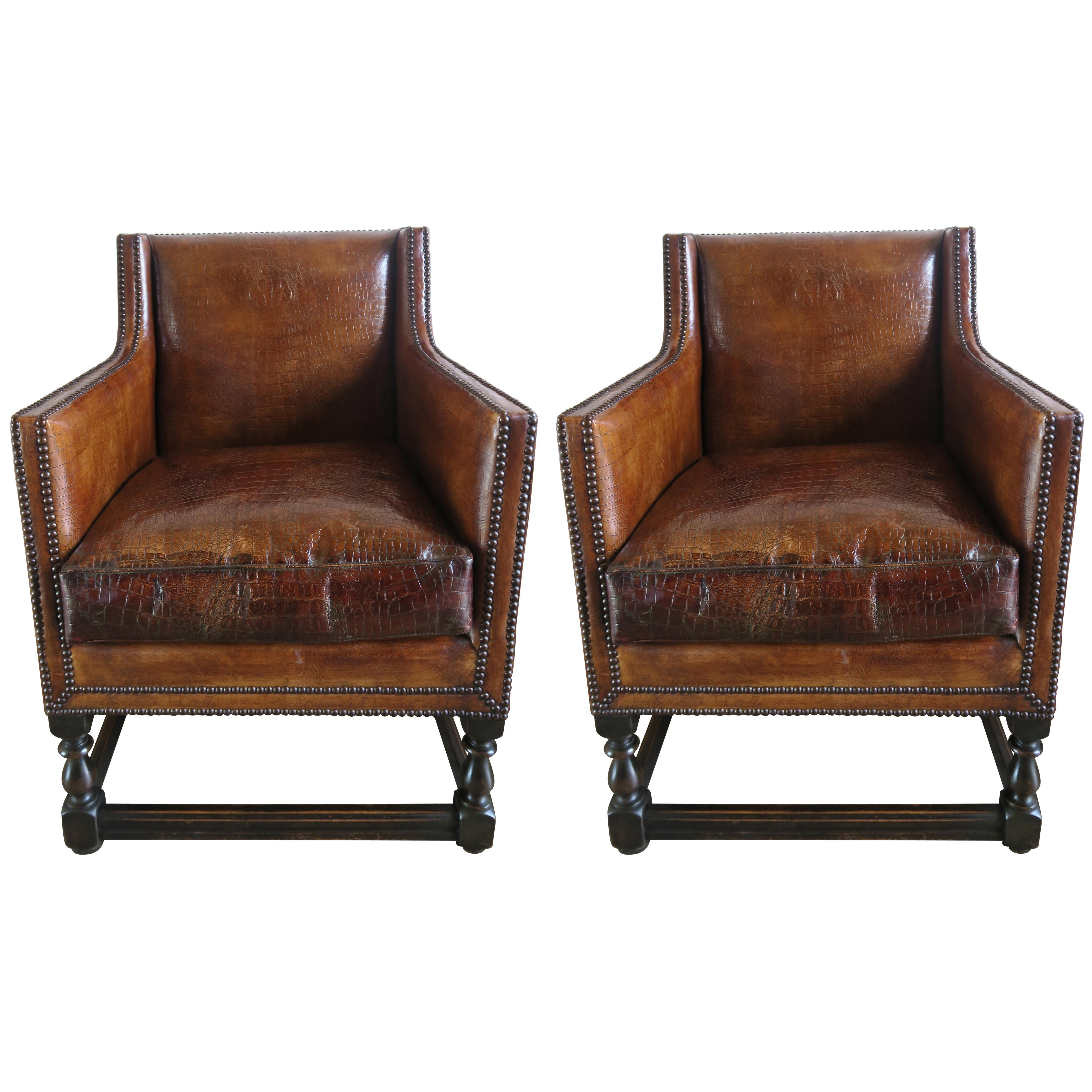 Deco Embossed Faux Crocodile Leather Chairs, Pair