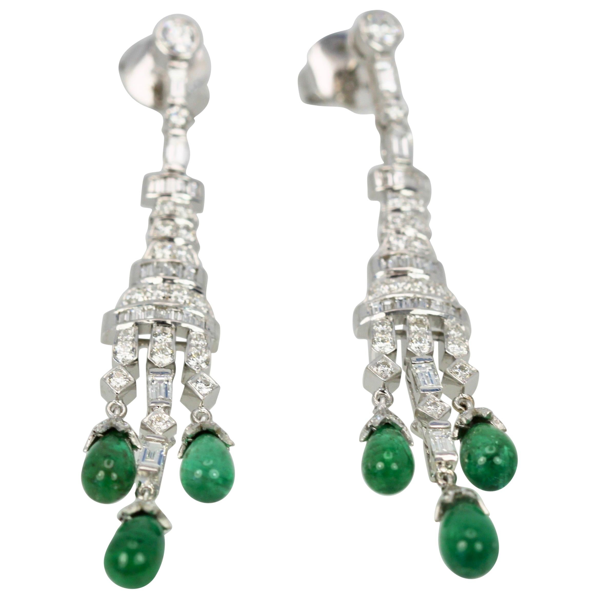 Deco Emerald Diamond Drop Earrings 18 Karat
