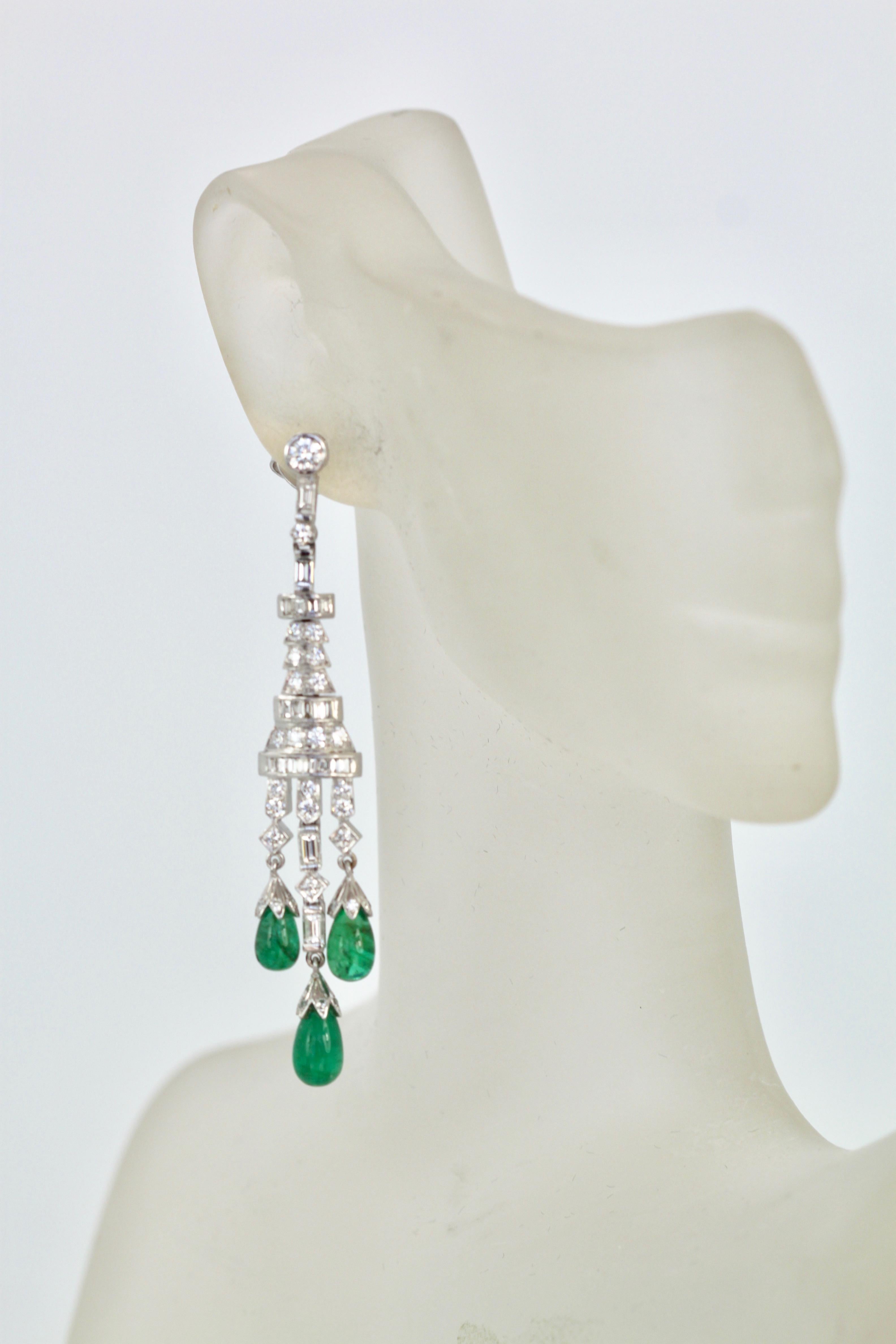 Art Deco Deco Emerald Diamond Drop Earrings 18 Karat