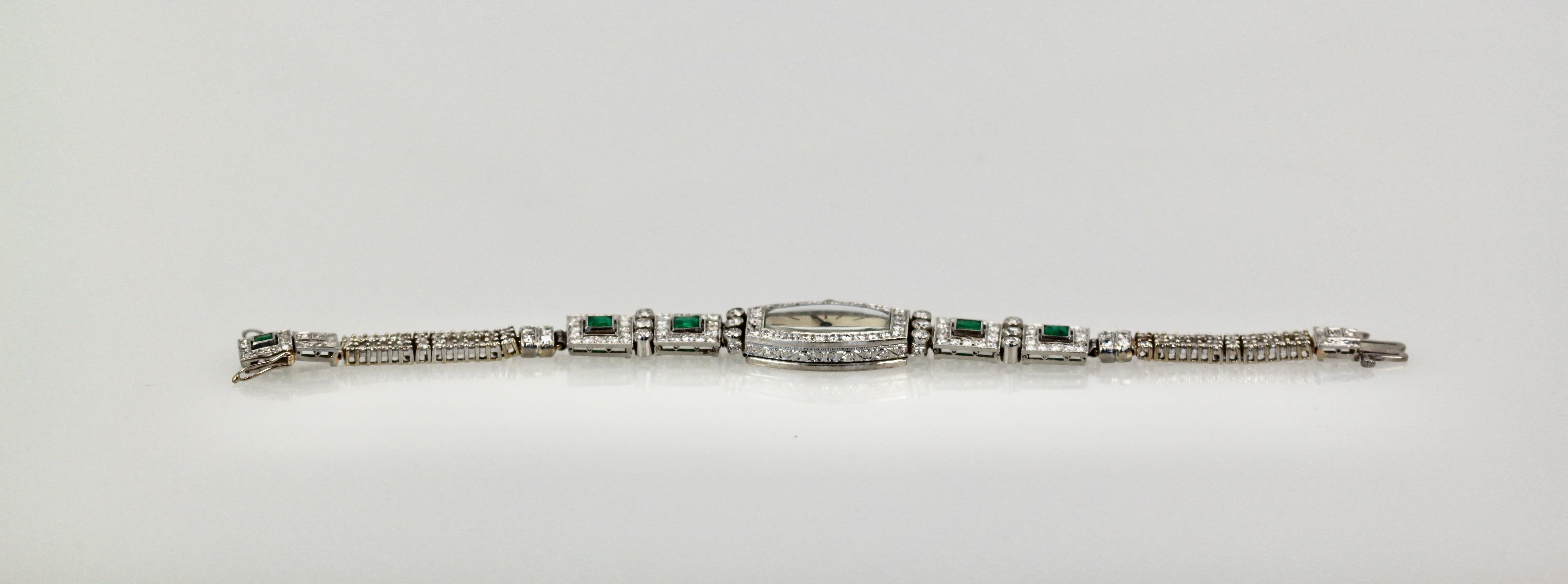 Art Deco Deco Emerald Diamond Platinum Ladies Strap Watch For Sale