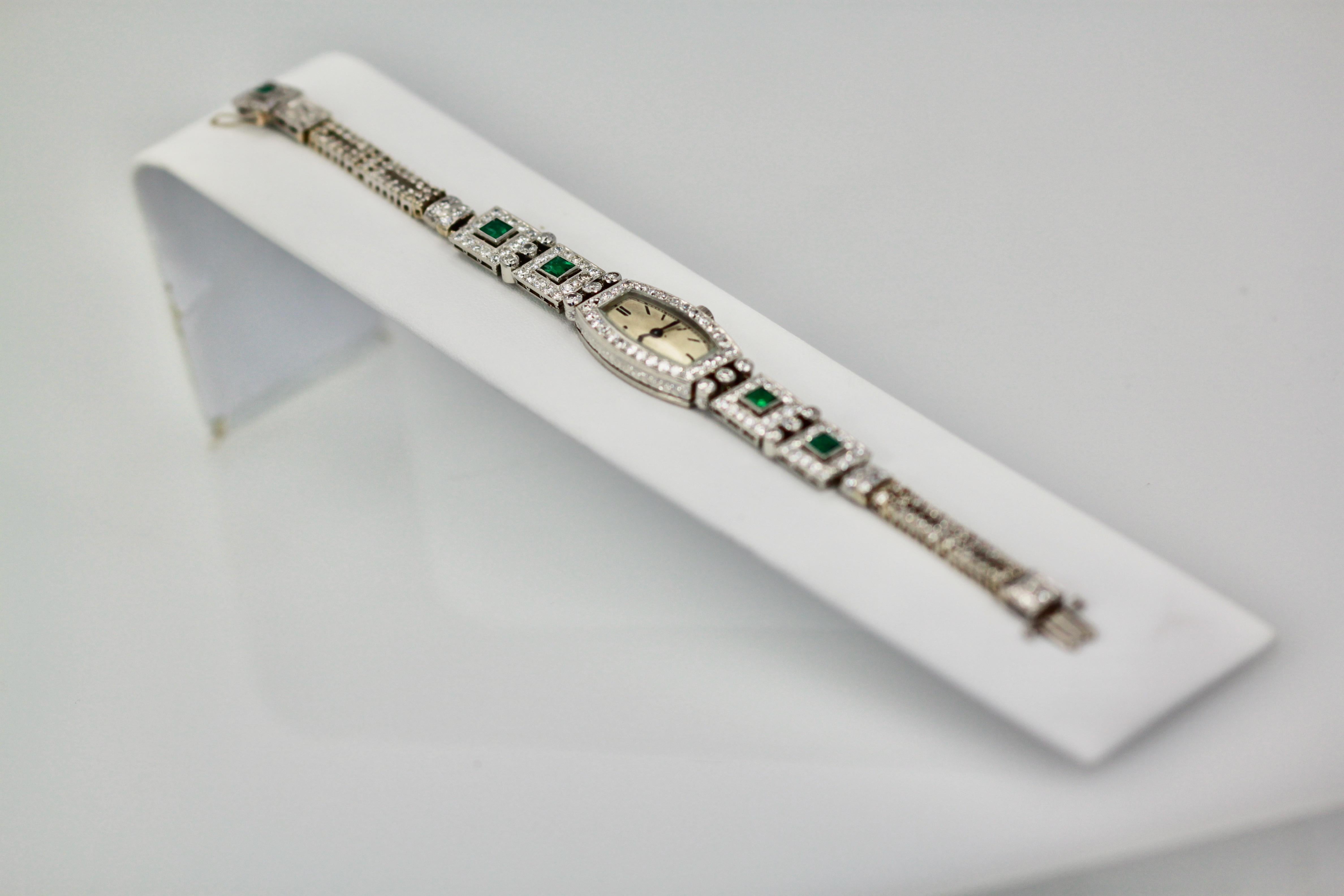 Emerald Cut Deco Emerald Diamond Platinum Ladies Strap Watch For Sale