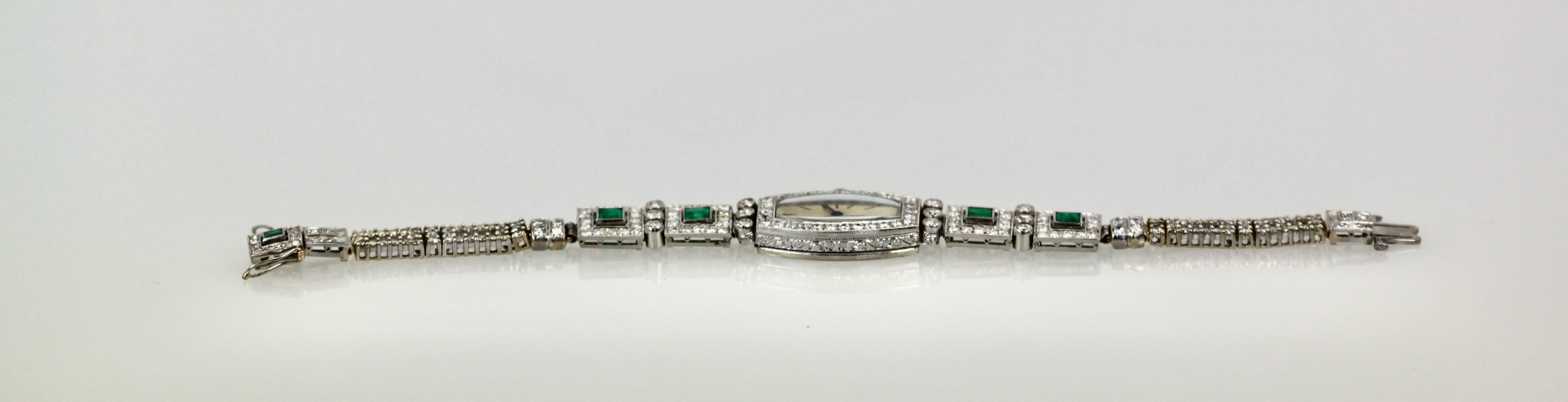 Deco Emerald Diamond Platinum Ladies Strap Watch In Good Condition For Sale In North Hollywood, CA
