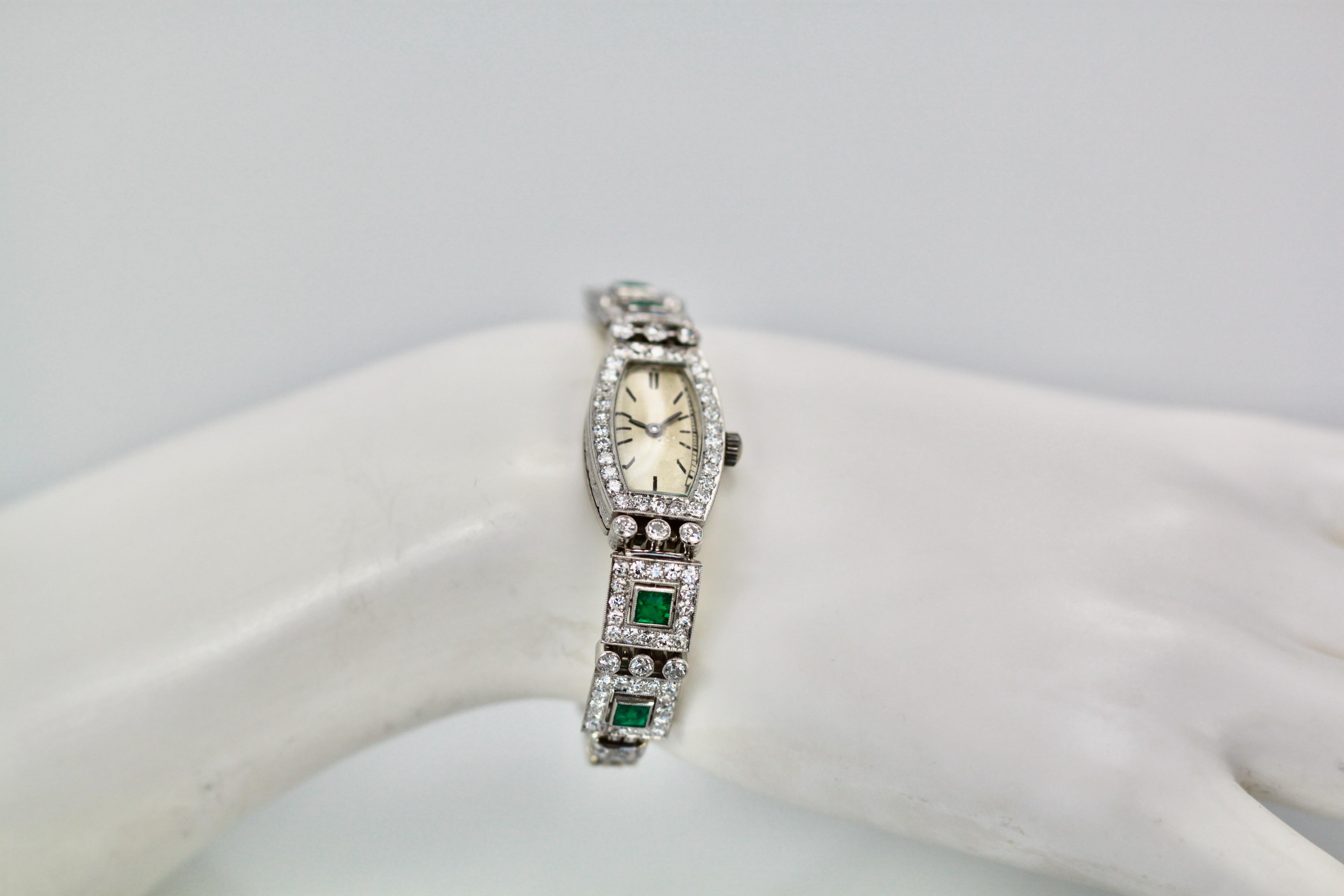 Women's Deco Emerald Diamond Platinum Ladies Strap Watch For Sale