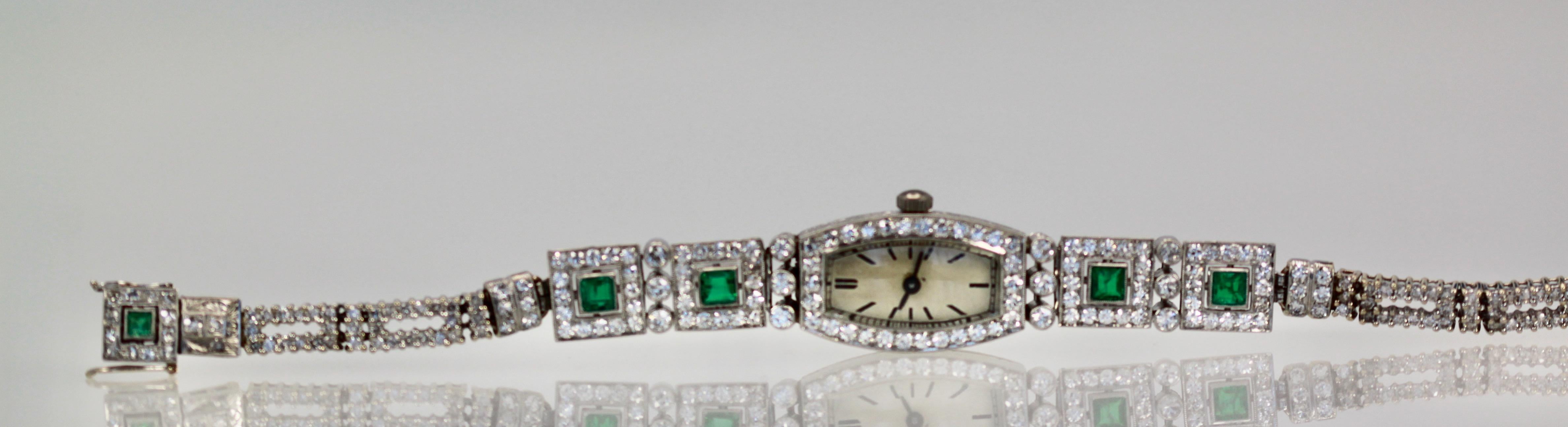 Deco Emerald Diamond Platinum Ladies Strap Watch For Sale 1