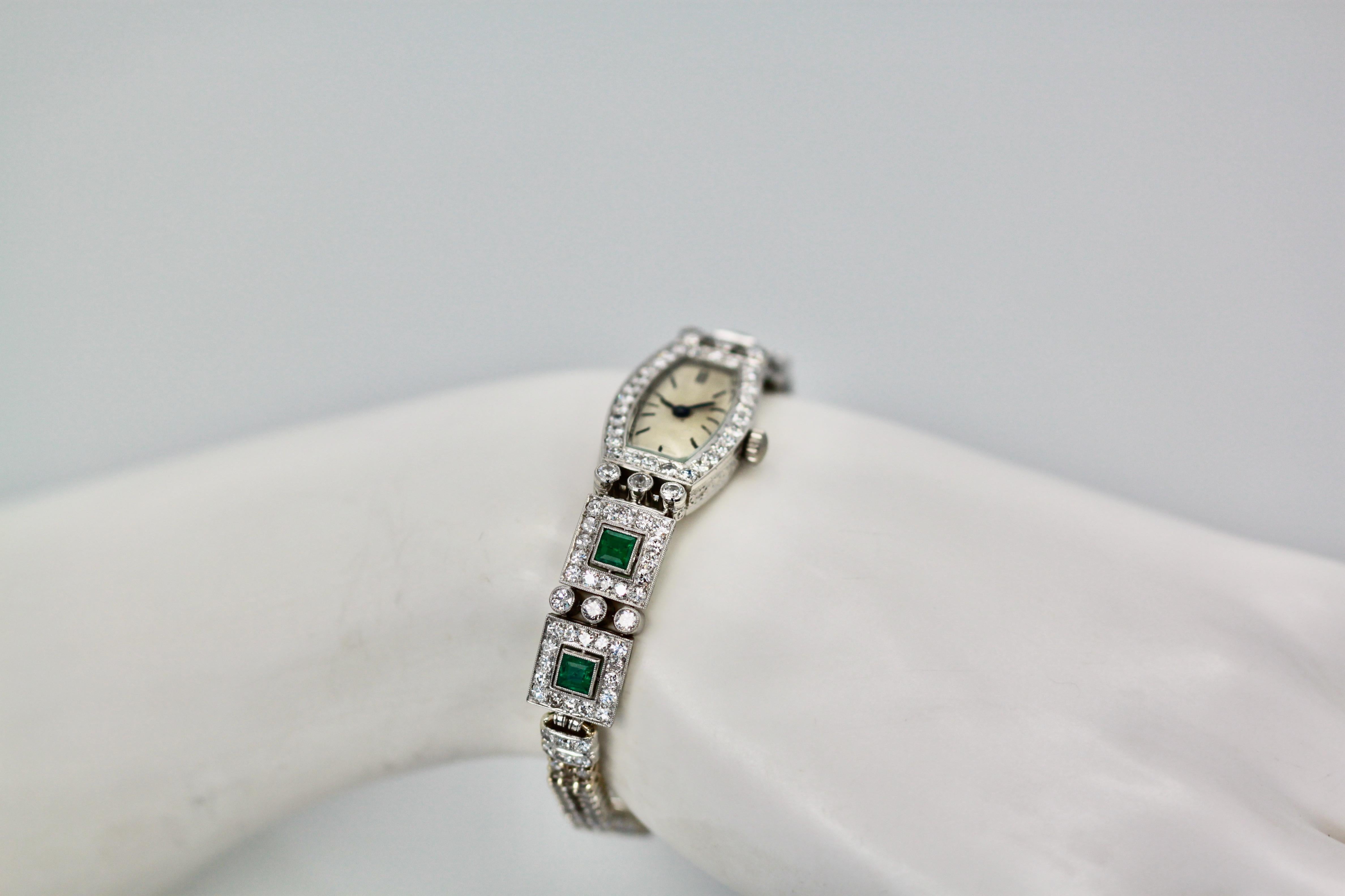 Deco Emerald Diamond Platinum Ladies Strap Watch For Sale 3