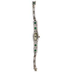 Deco Emerald Diamond Platinum Ladies Strap Watch