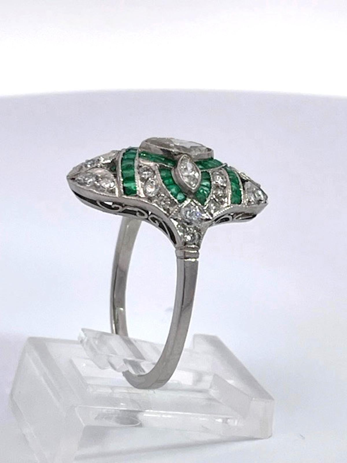 Deco Emerald Diamond Shuttle Ring 18K For Sale 4
