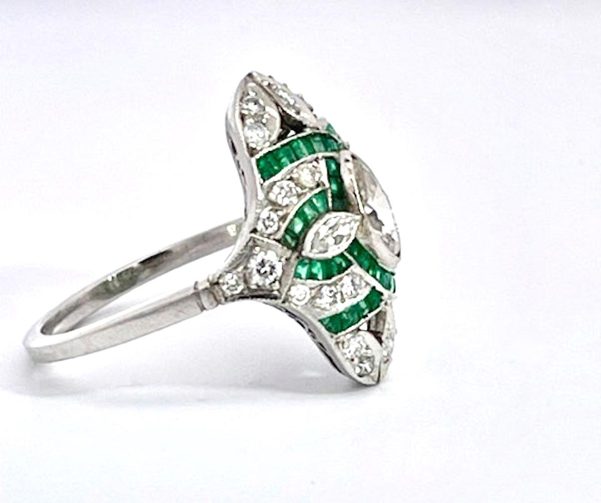 Marquise Cut Deco Emerald Diamond Shuttle Ring 18K For Sale