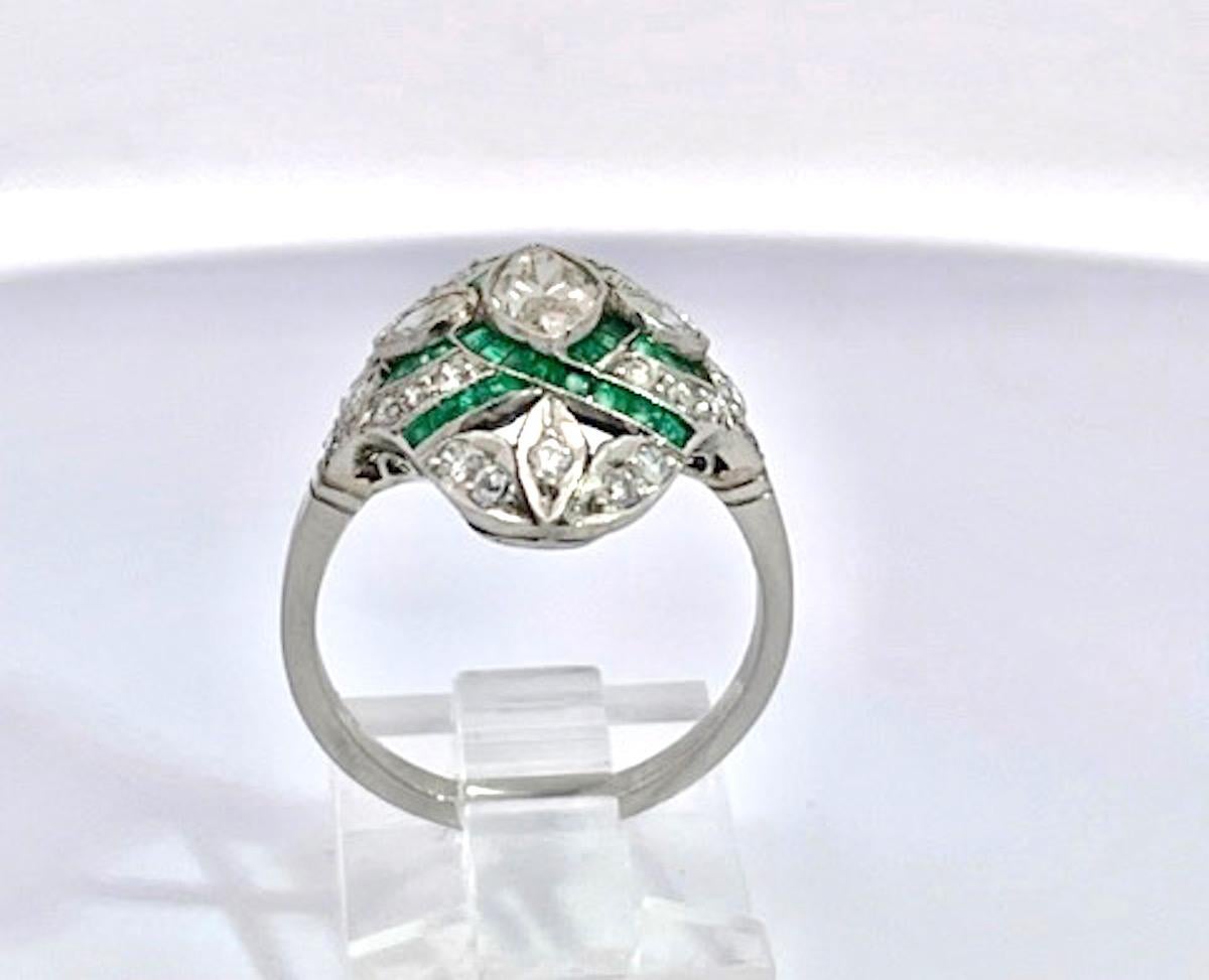Women's Deco Emerald Diamond Shuttle Ring 18K For Sale