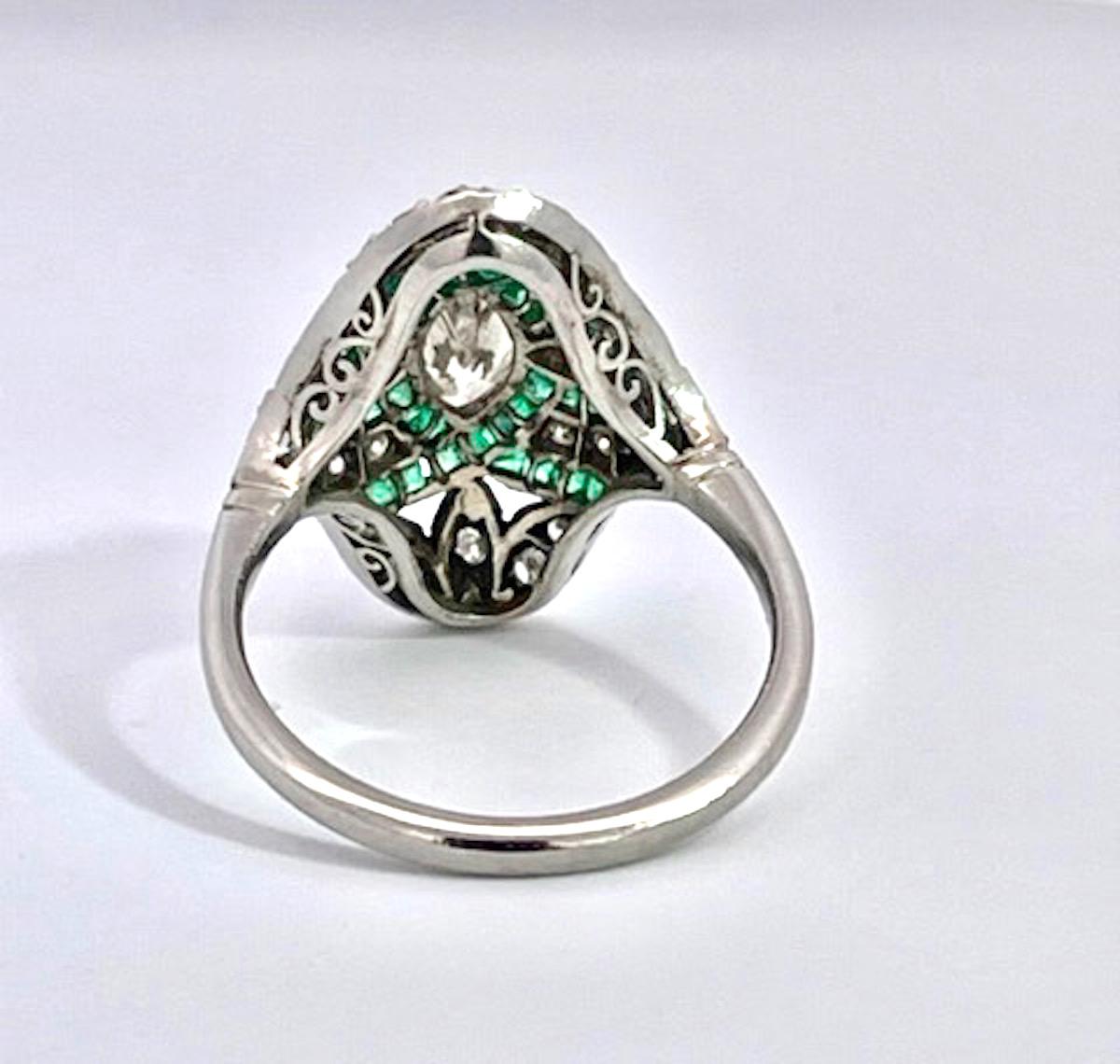Deco Emerald Diamond Shuttle Ring 18K For Sale 1