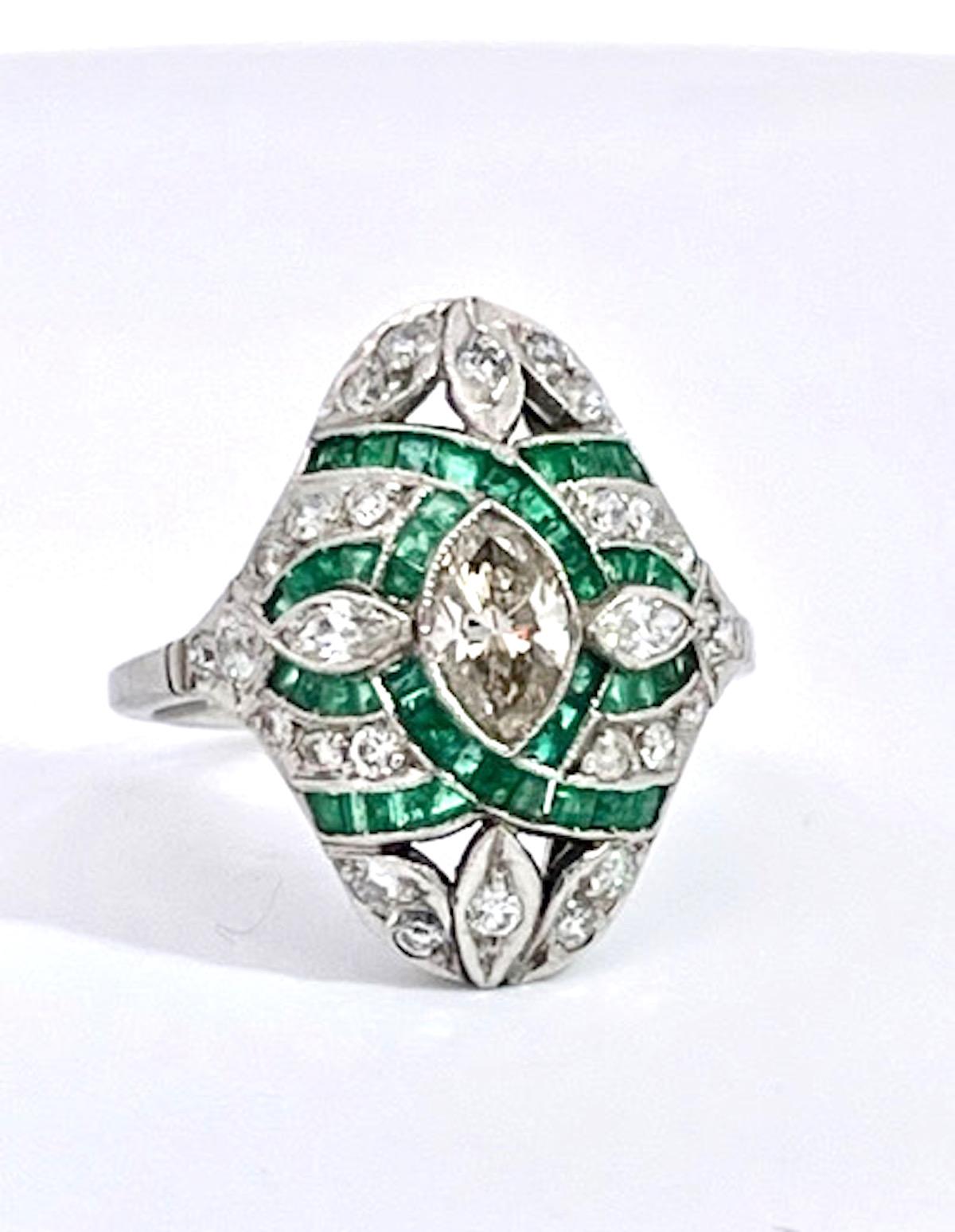 Deco Emerald Diamond Shuttle Ring 18K For Sale 2