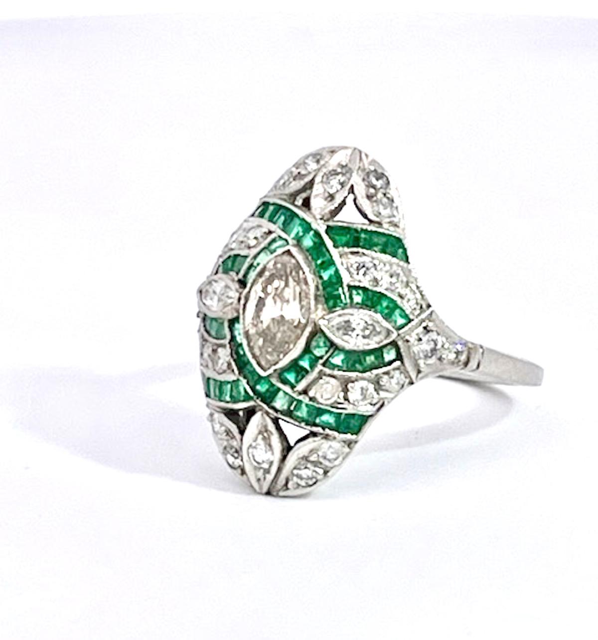 Deco Emerald Diamond Shuttle Ring 18K For Sale 3