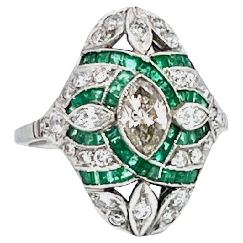 Deco Emerald Diamond Shuttle Ring 18K For Sale