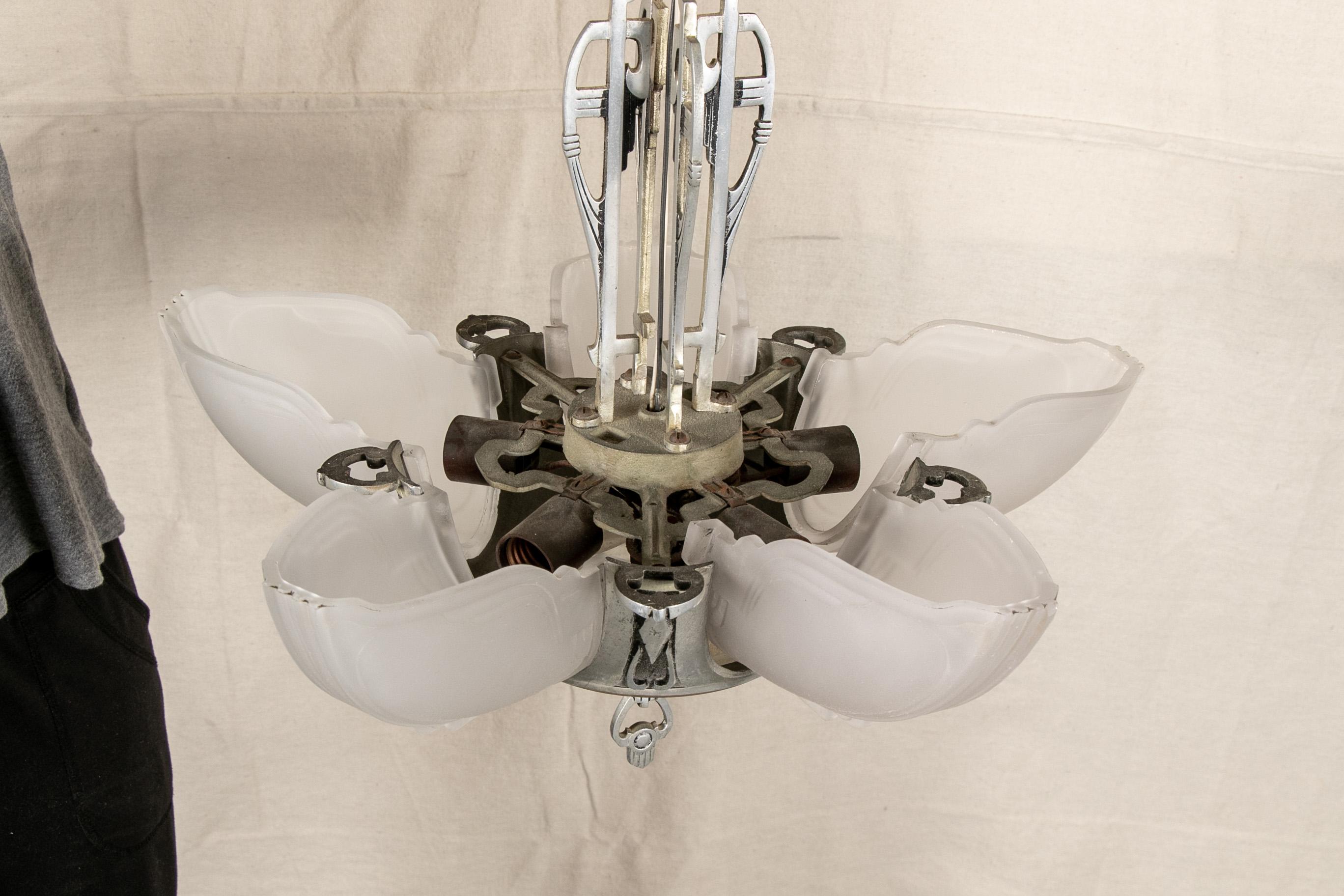 Deco Enameled Metal and Glass Chandelier For Sale 5