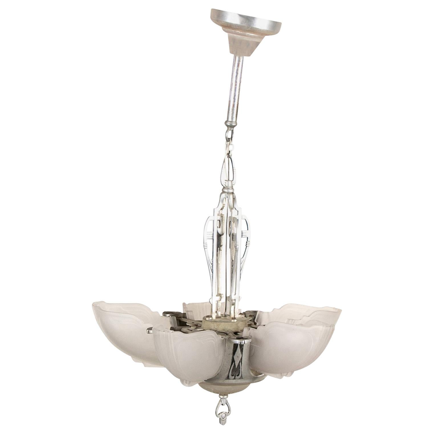 Deco Enameled Metal and Glass Chandelier For Sale