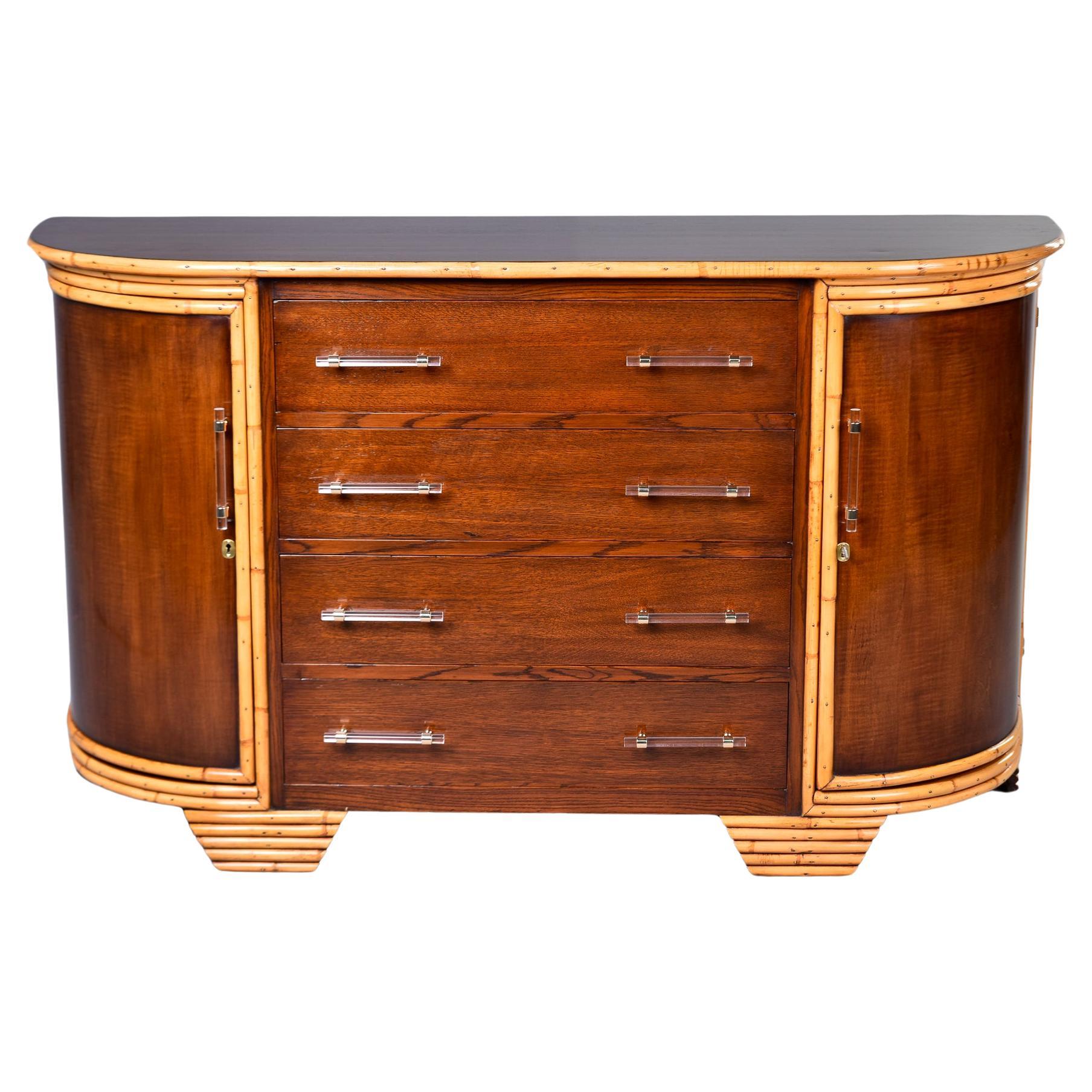 Deco Era French Bow Front Cabinet with Bamboo  Accents and Lucite Hardware For Sale
