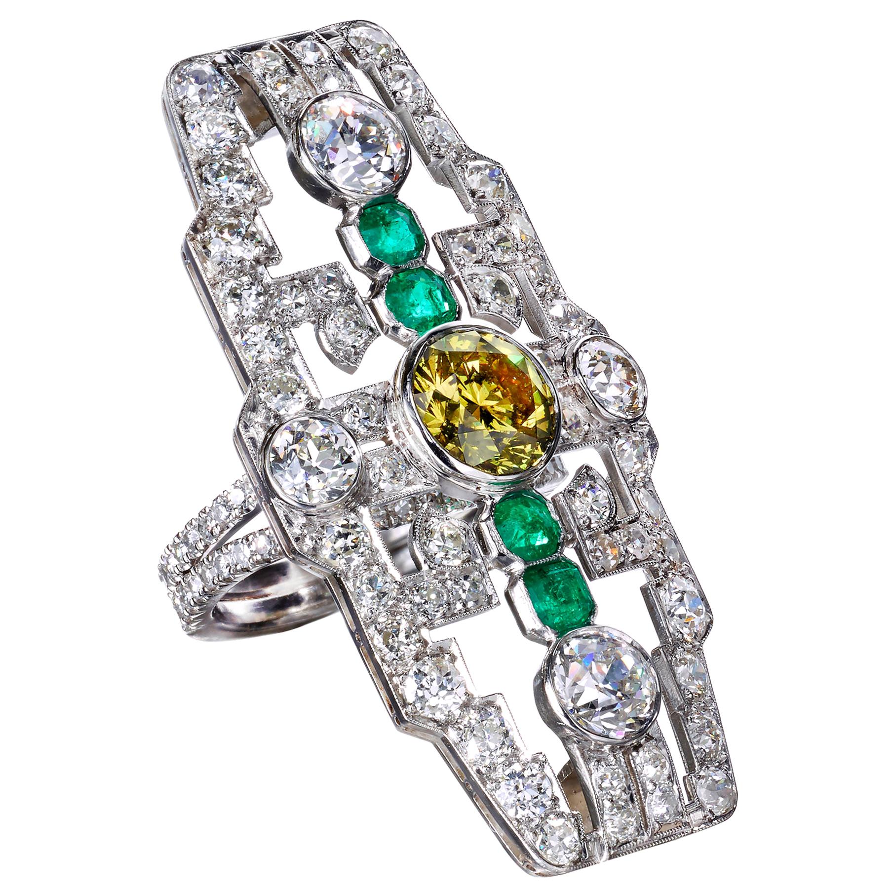 Deco Fancy Deep Greenish Yellow Diamond and Emerald Cocktail Ring For Sale