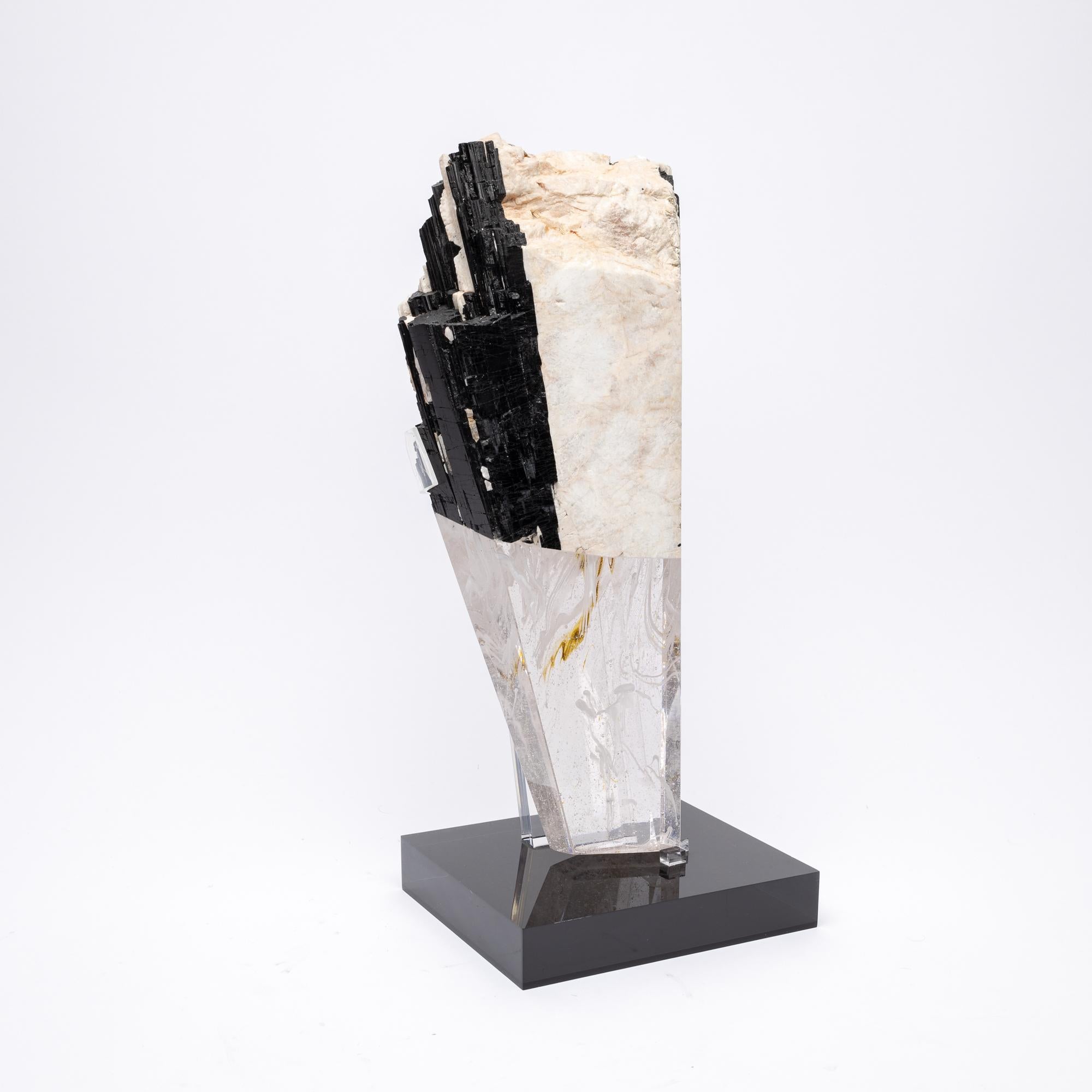 Mexican Deco, Feldspar and Tourmaline Organic Shape Glass Fusion Sculpture on Acrylic 