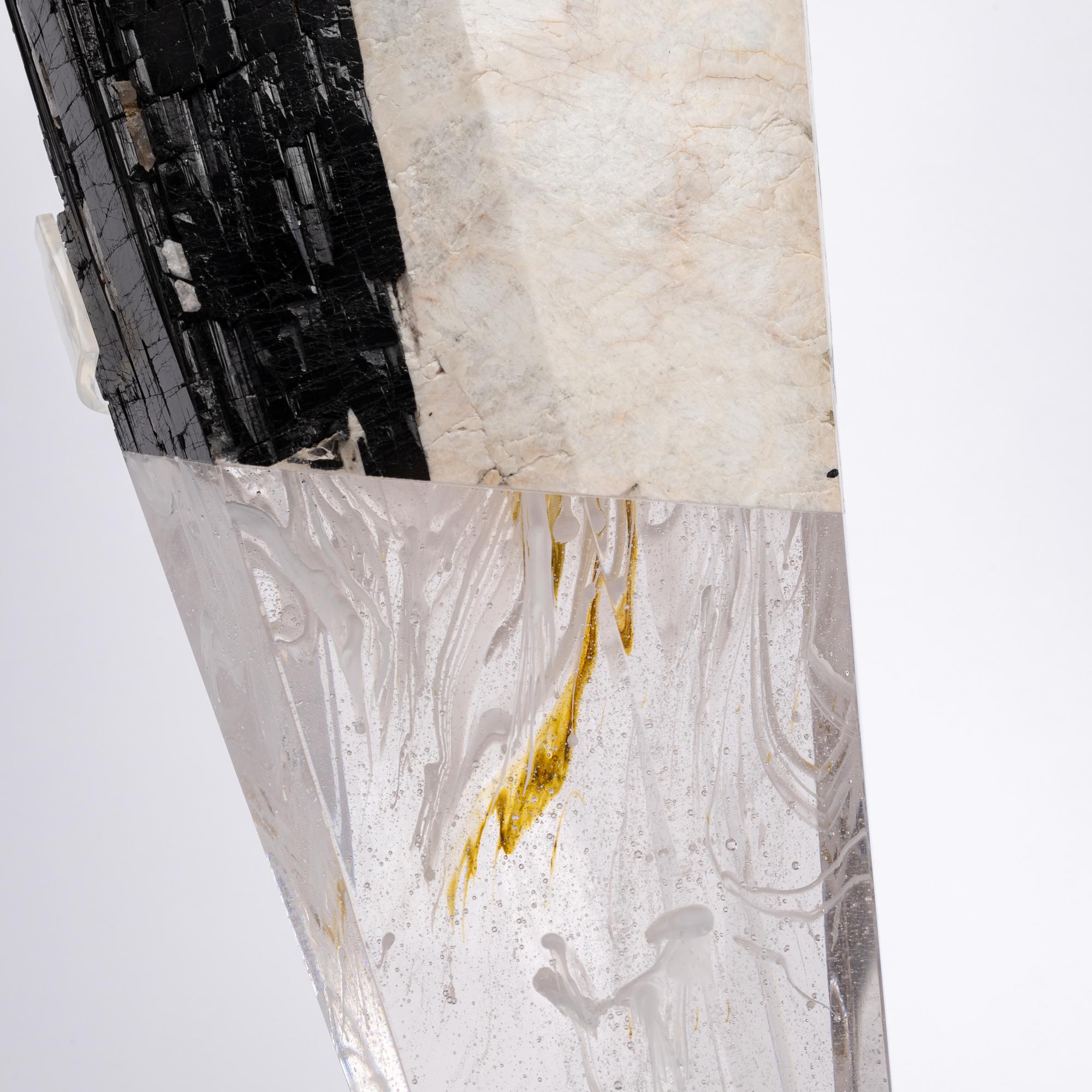 Deco, Feldspar and Tourmaline Organic Shape Glass Fusion Sculpture on Acrylic  In New Condition In Polanco, CDMX