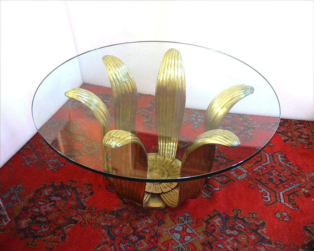 Cast Deco floral dining table in brass and crystal For Sale