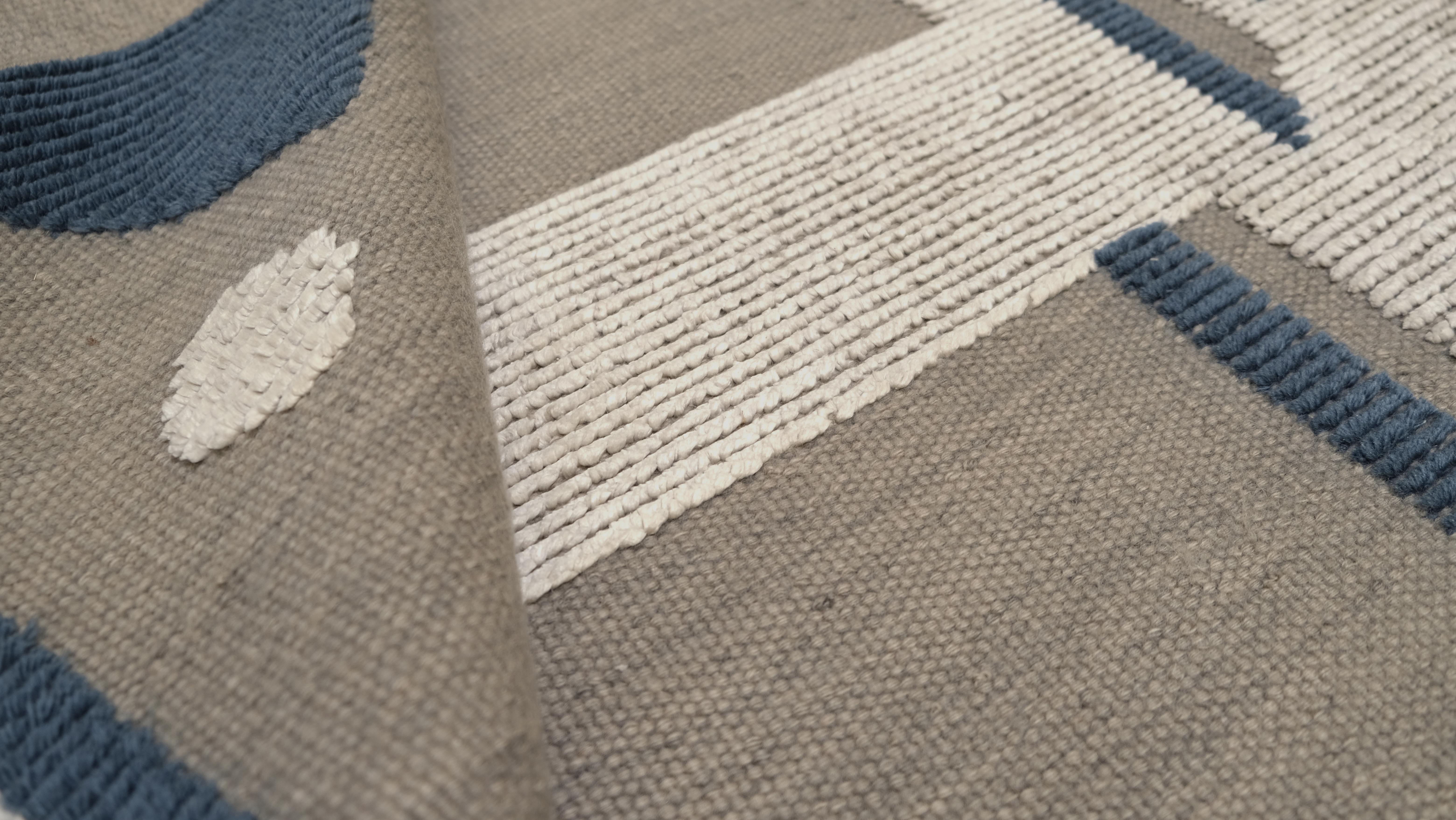 Asian Deco Geometric Blue and Grey Wool Blend Rug 9'2''x12' For Sale
