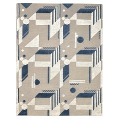 Tapis géométrique bleu et gris en laine mélangée 9'2''x12'