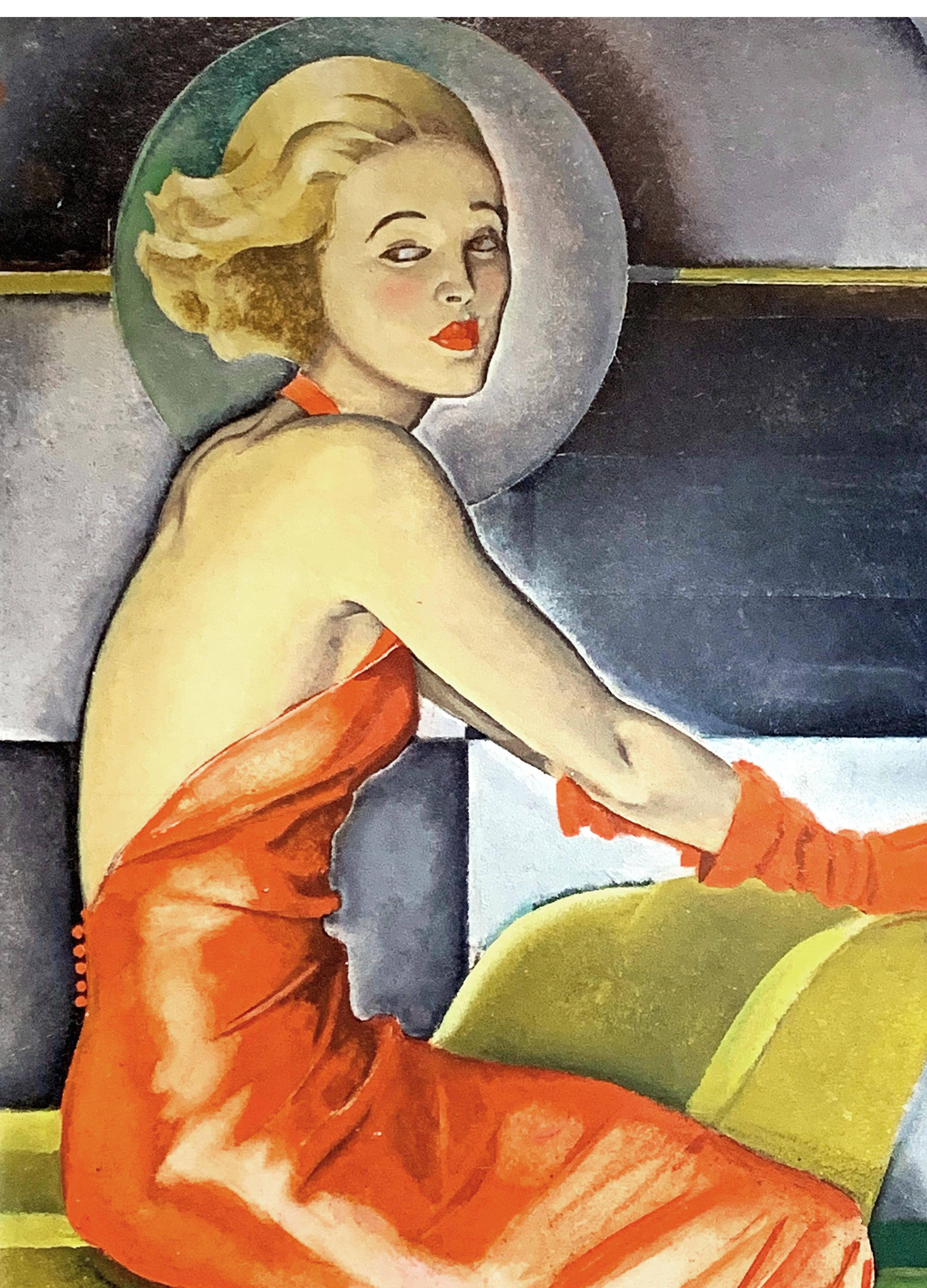One of the most dynamic and energetic depictions of a female subject in high style Art Deco manner that we've seen, this painting was executed by Lucian Bernhard in 1939. Here his blonde figure is wearing a dress in candy apple red, surmounted by a