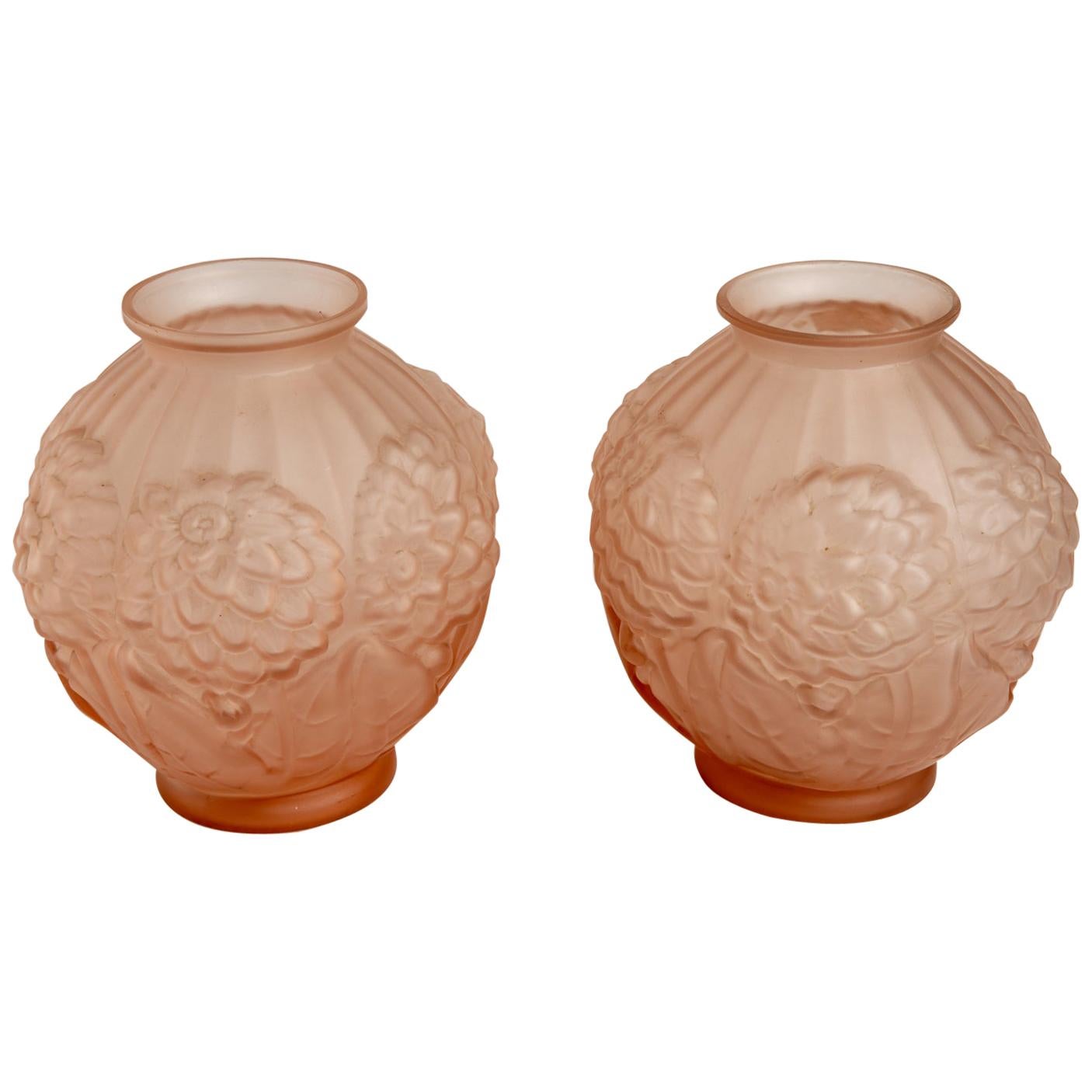 Deco Glass Pair of French Vases with Hydrangeas