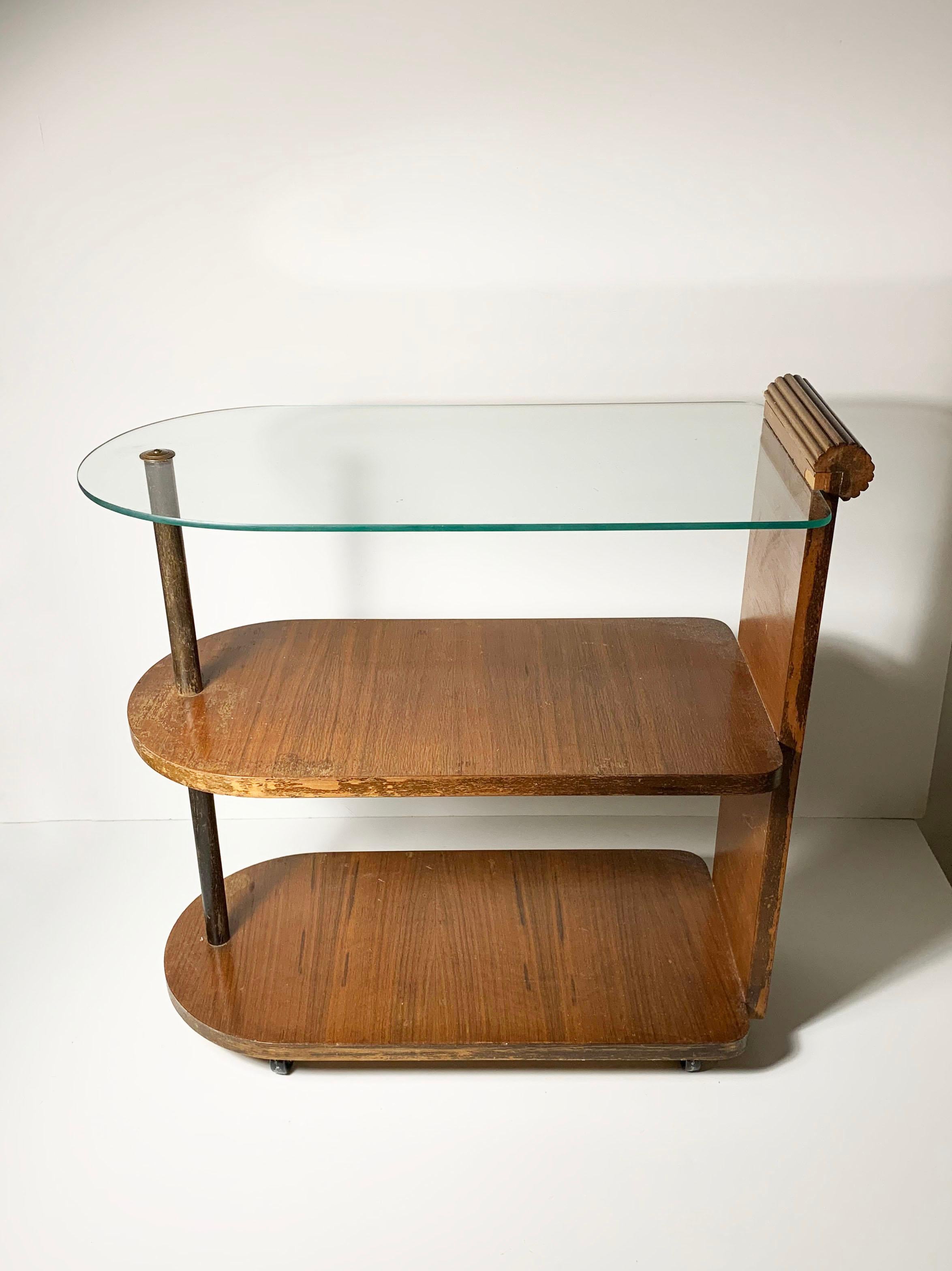 Art Deco Vintage Petite Deco Glass Tea/Bar cart in the manner of Gilbert Rohde