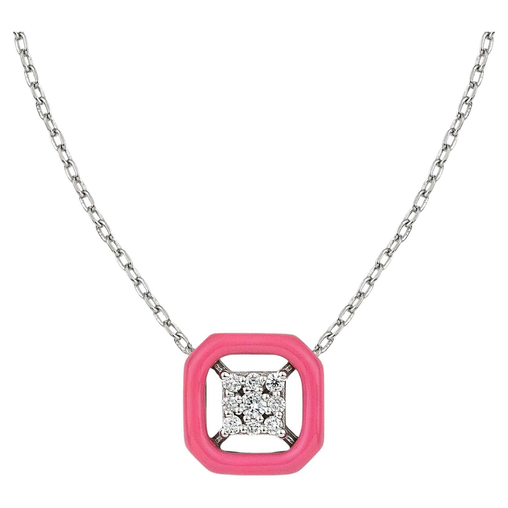 Deco Gold Necklace with Diamonds and Pink Enamel