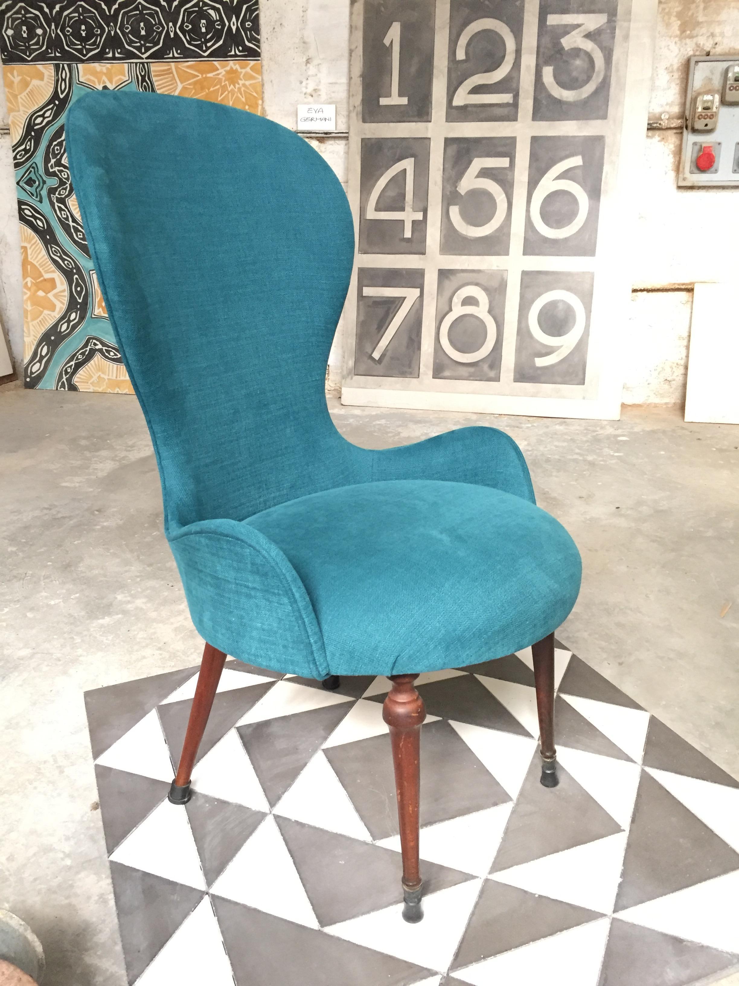 Art Deco Déco High-Backed Italian Petrol Blue Lounge Chairs, 1940s For Sale
