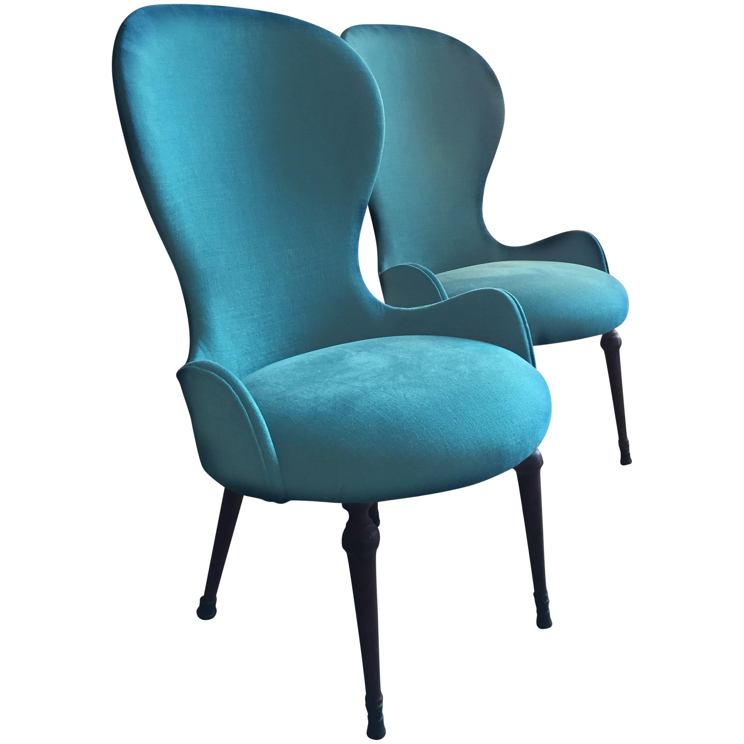 Déco High-Backed Italian Petrol Blue Lounge Chairs, 1940s For Sale