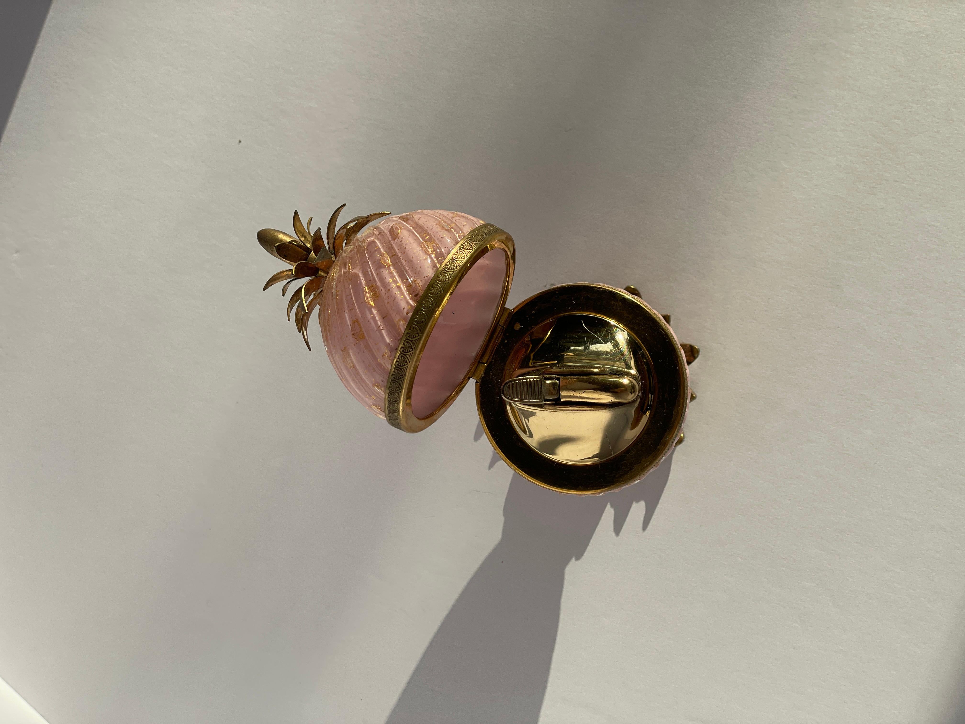 Deco Hollywood Regency Encendedor Piña Rosa de Cristal de Murano Latón Aventurina Dorado Italiano en venta