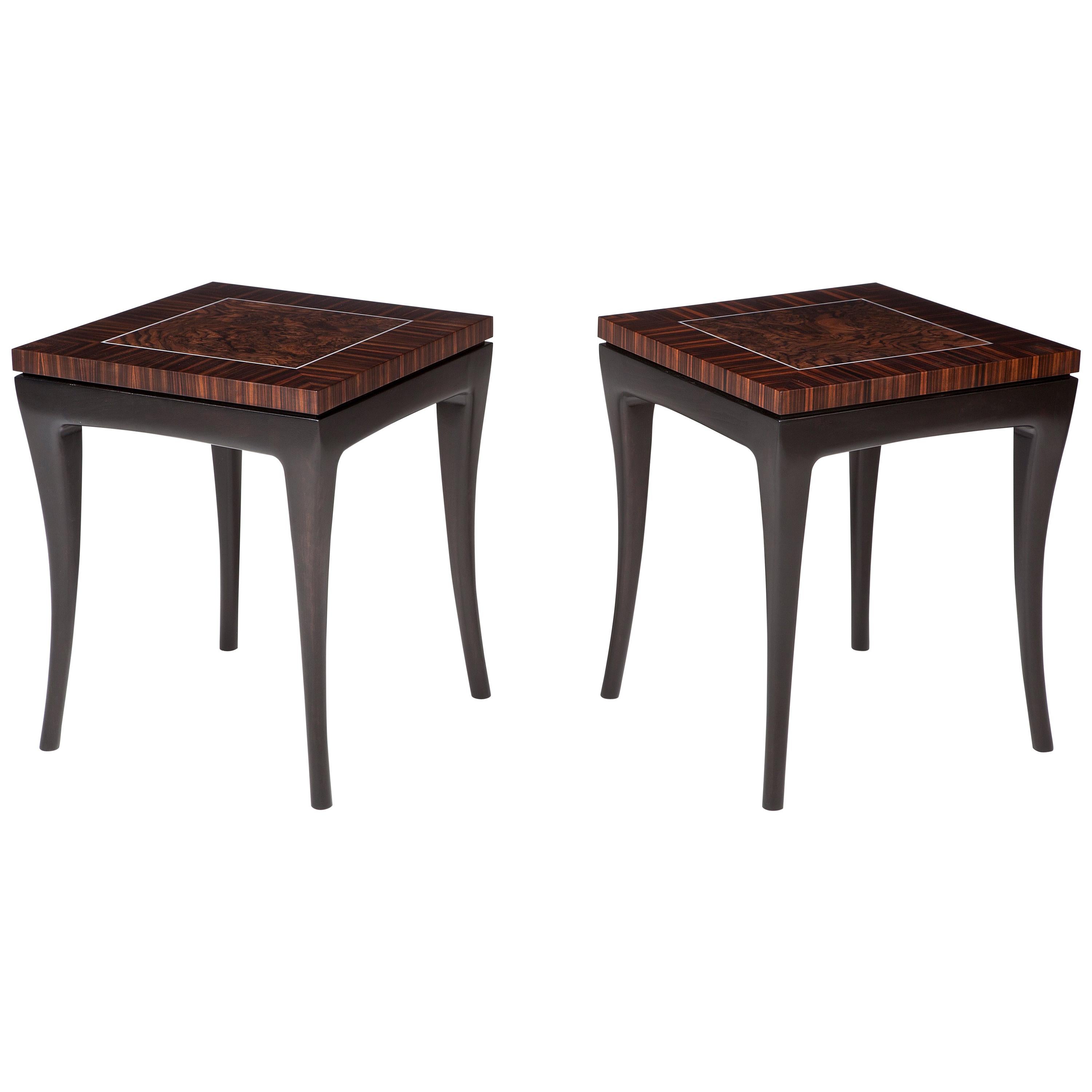 Side table featuring rich, dark burr walnut, metal inlay with a Macassar ebony waterfall edge detail. The table legs are hand-sculpted and ebonized to achieve this blackened finish. 

We would be delighted to discuss various options including