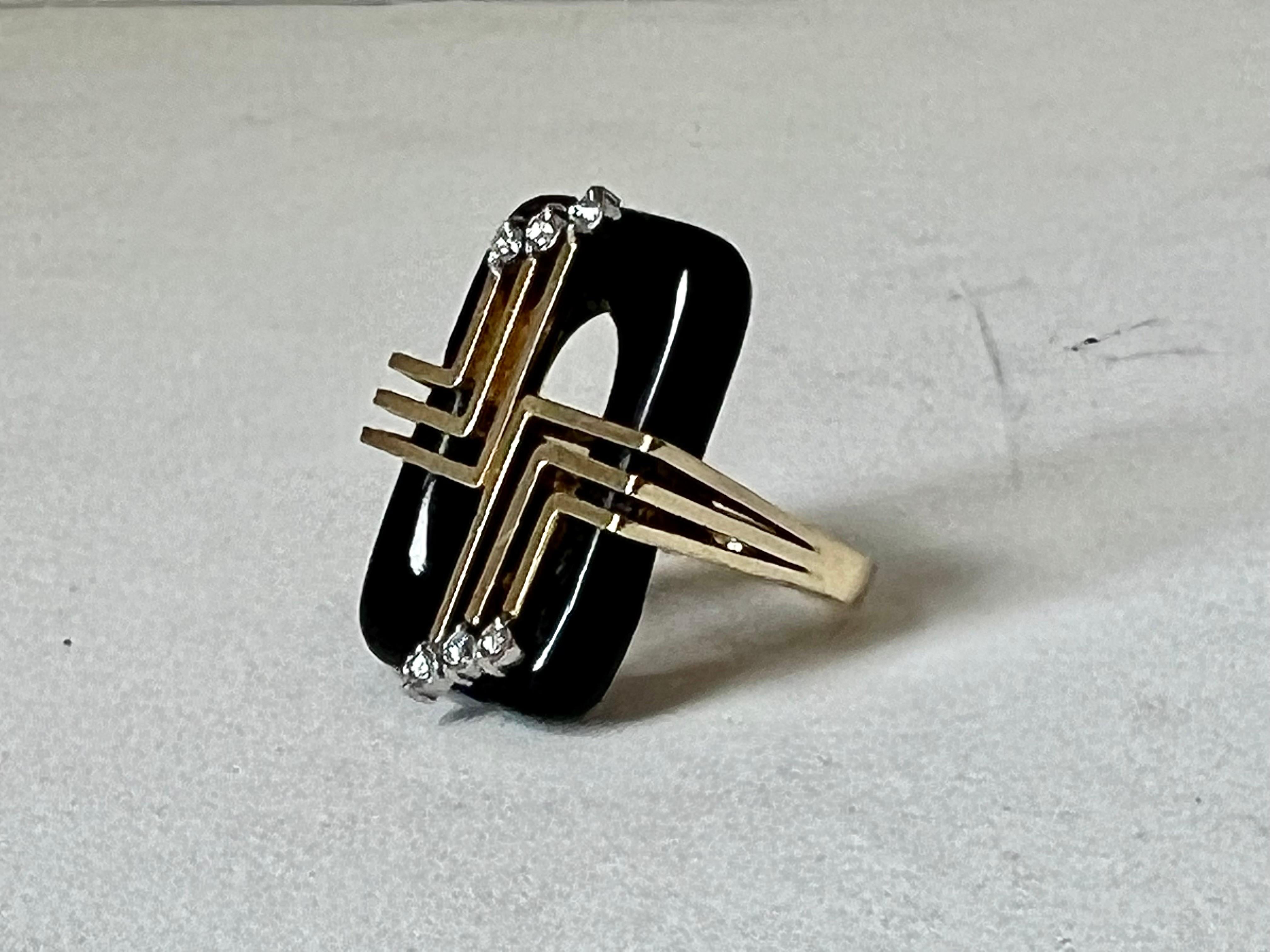 Gold Deco Inspired Onyx and Diamond ring For Sale